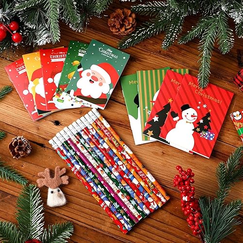 Miniatura 6 de Juego de 72 cuadernos y lápices de Navidad, cuadernos pequeños y lápices de madera, recuerdos de fiesta de Navidad, rellenos de calcetines, regalos,