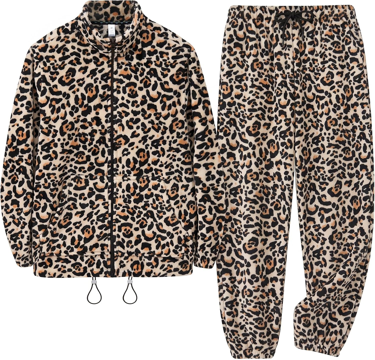 HEARTNICE Leopard Pajamas for Women Set Fleece Stand Collar Zipper Loungewear with Kangaroo Pocket Soft Warm Flannel Pjs