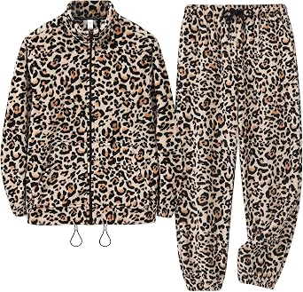 HEARTNICE Leopard Pajamas for Women Set Fleece Stand Collar Zipper Loungewear with Kangaroo Pocket Soft Warm Flannel Pjs