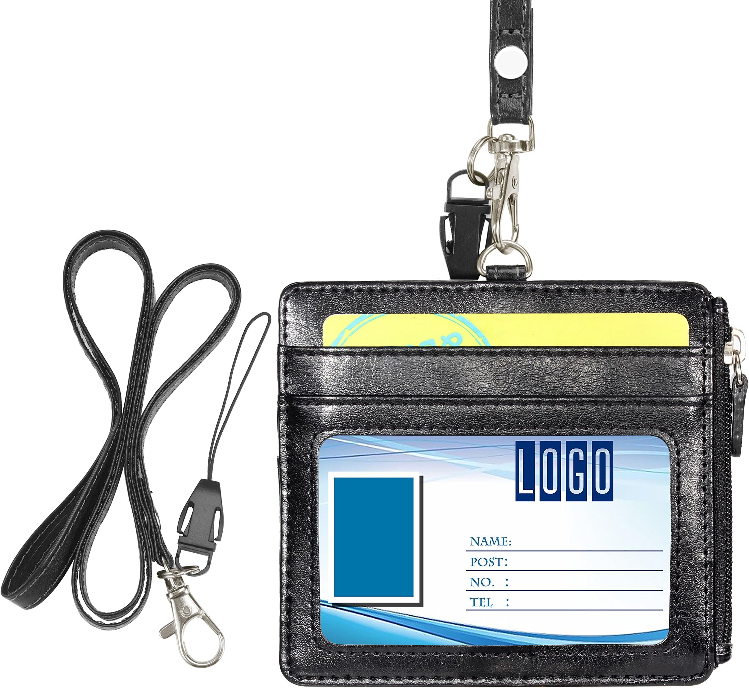 Badge Holder with Zip, Wisdompro® 2-Sided PU Leather ID Badge Holder with 1 ID Window, 4 Card Slots, 1 Side Zipper Pocket and 1 piece 19" PU Neck Lanyard/Strap (Horizontal) Black