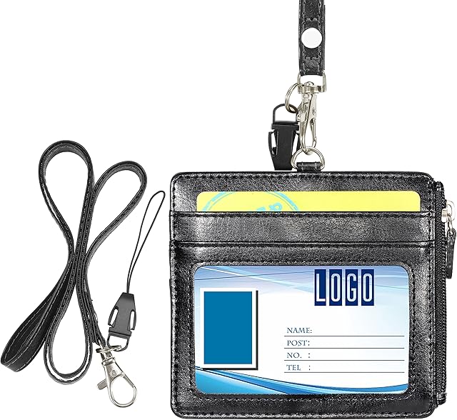 Badge Holder with Zip, Wisdompro 2-Sided PU Leather ID Badge Holder with 1 ID Window, 4 Card Slots, 1 Side Zipper Pocket and 1 Piece 20 Inch PU Neck Lanyard / Strap - Black (Horizontal)