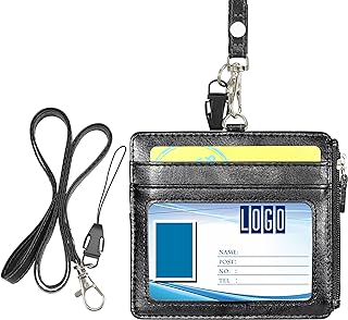 Badge Holder with Lanyard - Horizontal ID Card Holder with 1 ID Window, 4 Card Slots and Zippered Pocket – Black