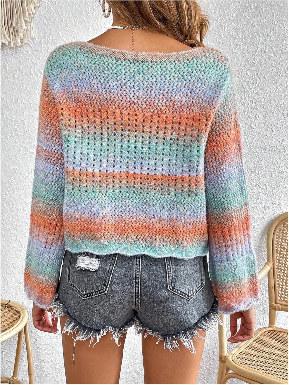 OYOANGLE Women's Colorful Rainbow Striped Sweater Scallop Trim Crew Neck Flare Long Sleeves Fall Knit Sweater - Image 2