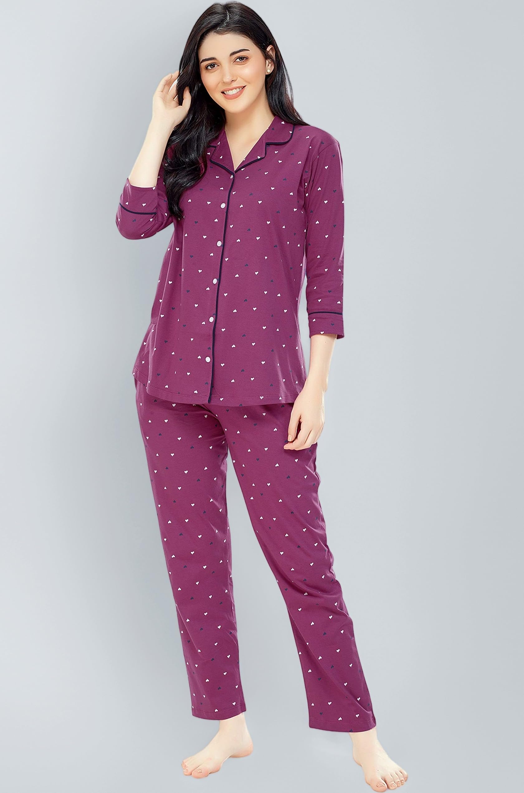 Women's Cotton Heart Printed Night Suit Set of Shirt & Pajama Set 5152 (Available in Plus Size)