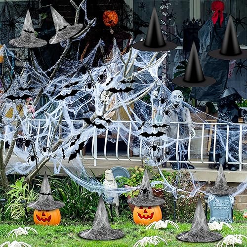 Miniatura 5 de MAIAGO Kit de decoración de Halloween de 85 piezas, 12 sombreros de bruja negros, 28 murciélagos 3D, 12 arañas 3D, 30 arañas falsas, 2 piezas de