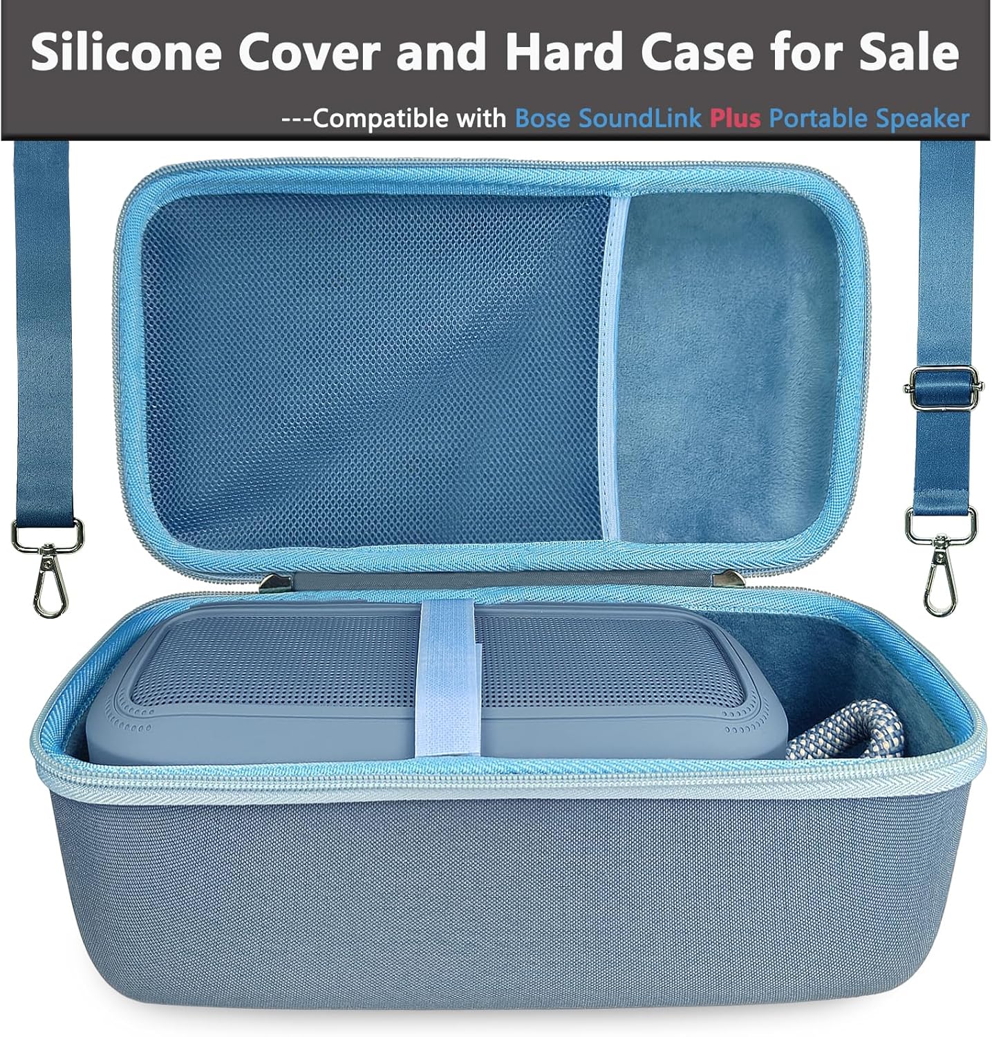JCHPINE Silicone Cover and Hard Carrying Case for Bose SoundLink Plus Speaker, Protective Silicone Case with Handle and Shoulder Strap (Blue Case) - Image 2