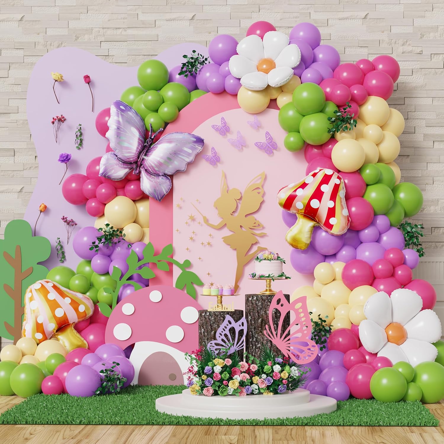 Fairy Balloon Garland Arch Kit, 149pcs Lavender Green Rainbow Balloons with Daisy Butterfly Mushroom Foil Balloon for Easter Decoration Fairy Birthday Wonderland Baby Shower Supplies