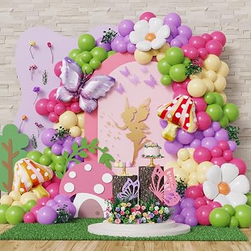 Fairy Balloon Garland Arch Kit, 149pcs Lavender Green Rainbow Balloons with Daisy Butterfly Mushroom Foil Balloon for Easter Decoration Fairy Birthday Wonderland Baby Shower Supplies