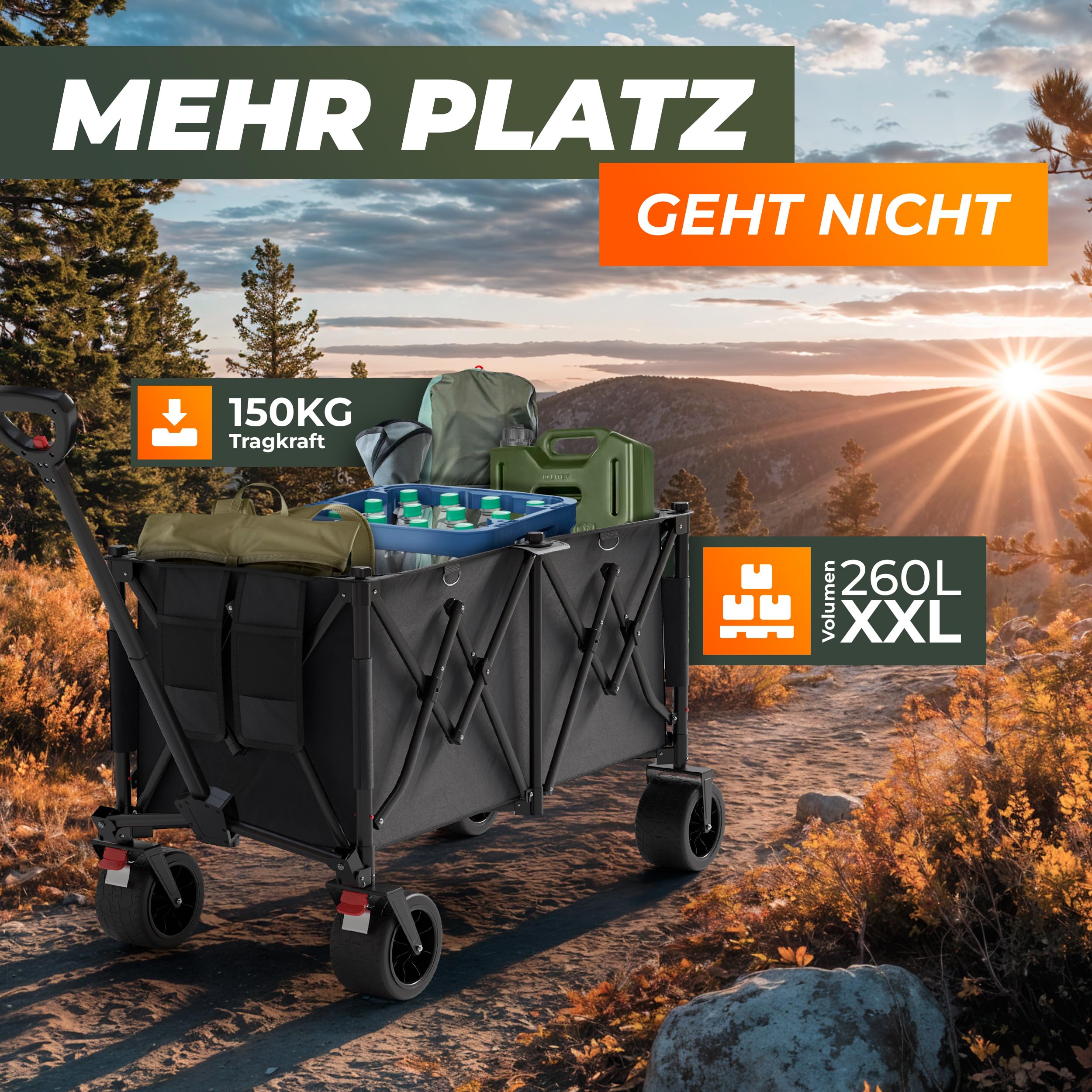 BigDean XXL Bollerwagen faltbar mit Dach 260L belastbar 150kg Dicke Reifen | Robuster Bollerwagen faltbar extra breite Reifen für jedes Gelände