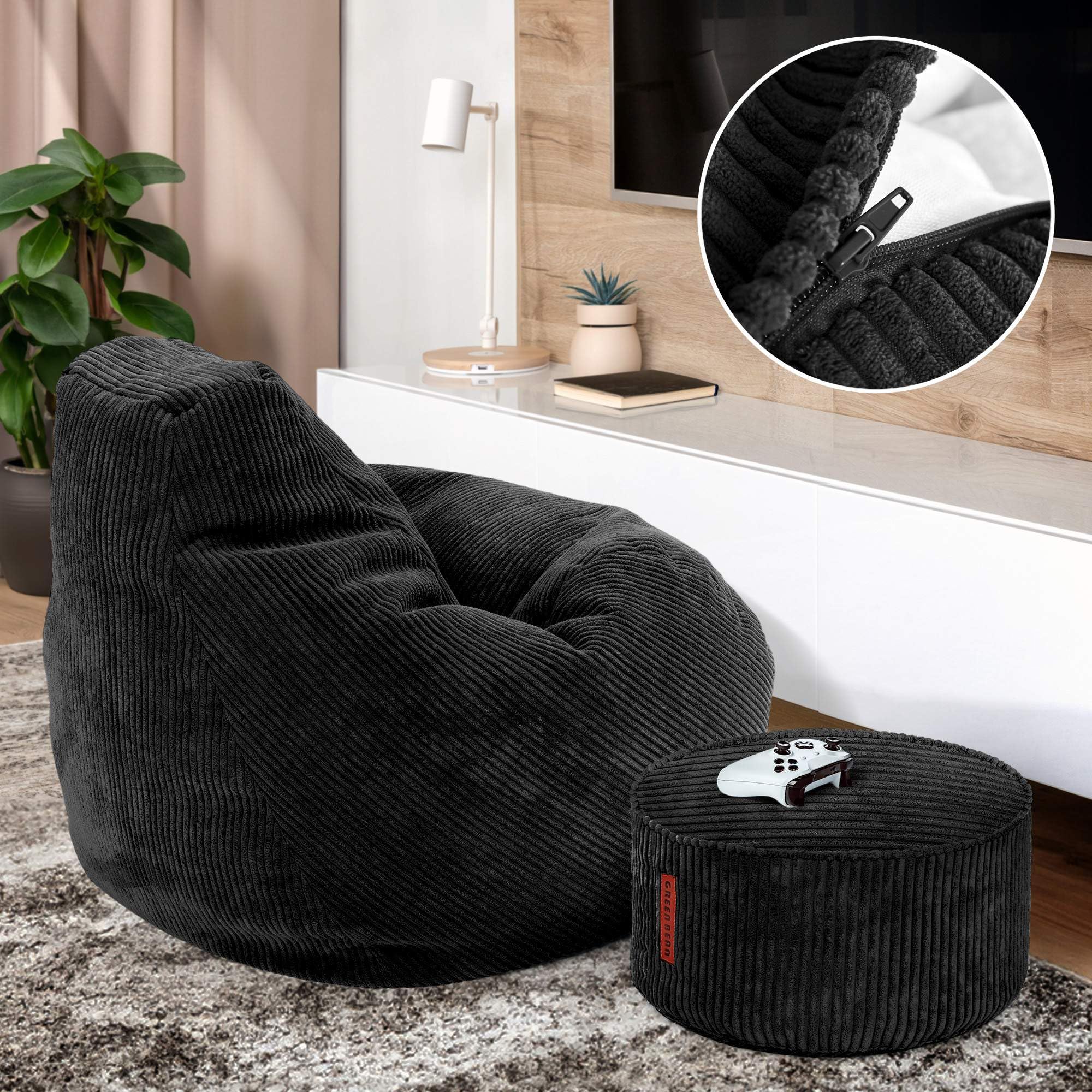 Beanbag Avec Tabouret Velours Côtelé Gris Foncé - 230L Pour Salon & Chambre