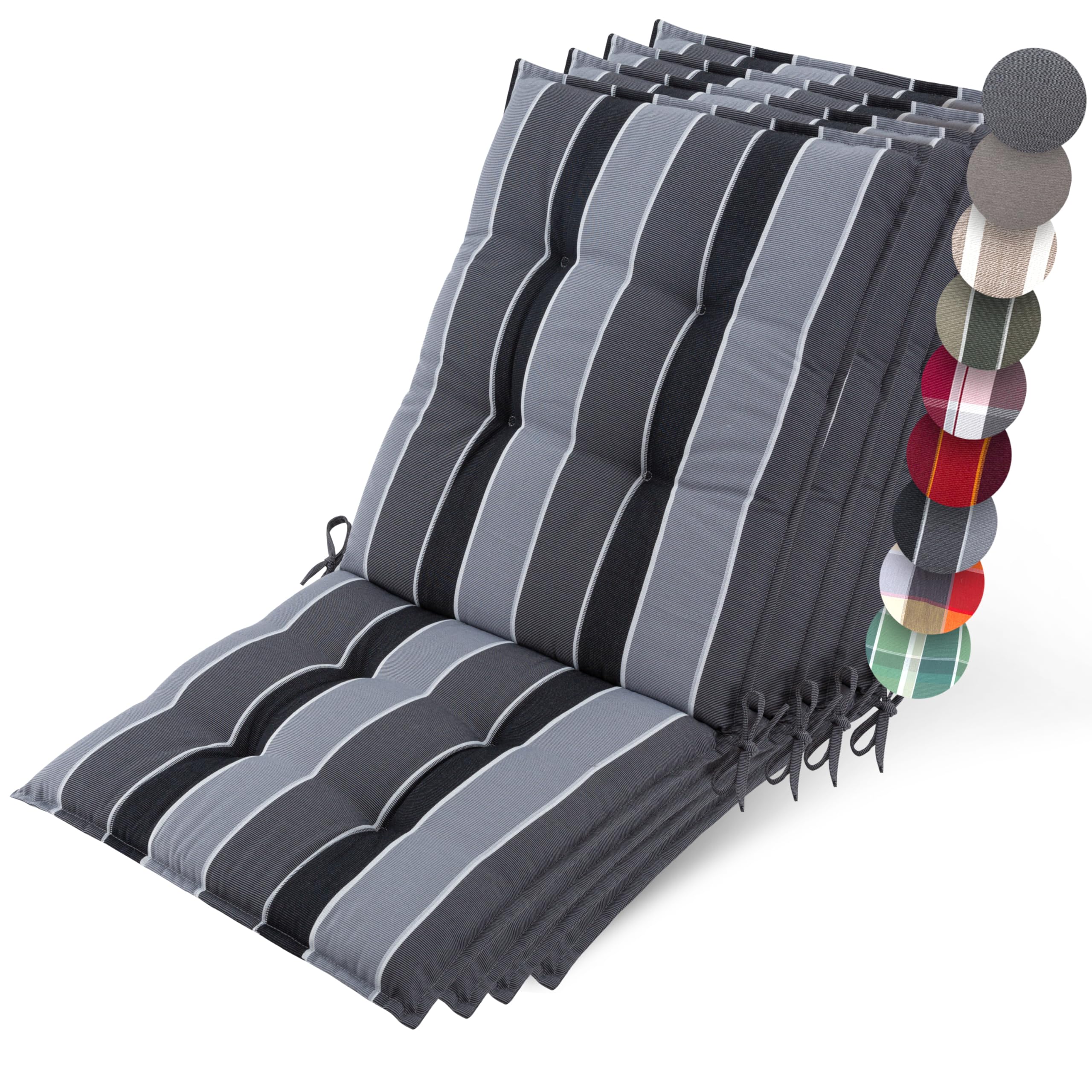 Beautissu Set of 4 Premium Outdoor Chair Cushion Low Back 100x50 cm - UV 8 cm Thick Padding Seat Cushions for Garden Chairs Non-Slip Fastening Straps - Anthracite Striped - Sun-HL