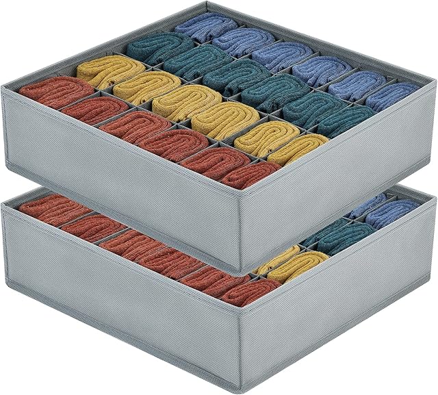 DIMJ 2 Pack Drawer Organisers 24 Cells Sock Organiser Foldable Underwear Drawer Organiser Fabric Drawer Divider Wardrobe Storage Boxes for Socks, Underwear, Belts, Ties