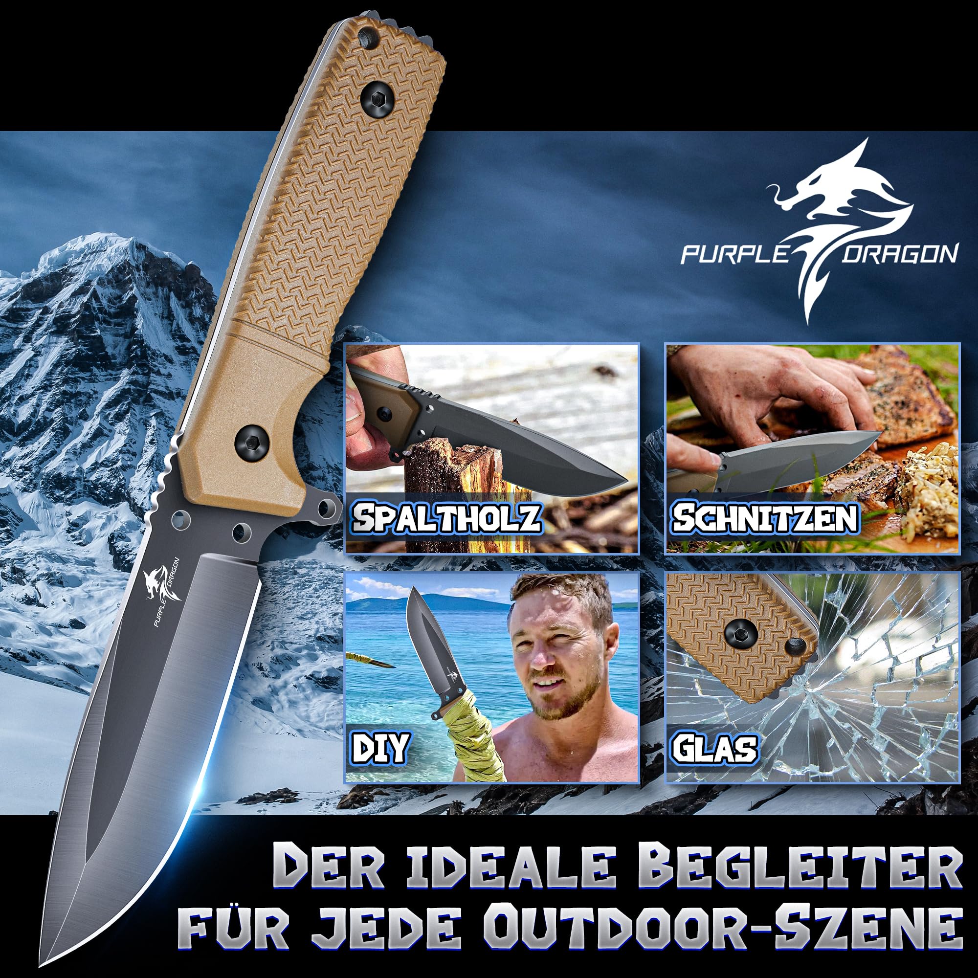 Purple Dragon Khaki Couteau de Survie, Étui Kydex, Acier D2 et Soie Pleine | Couteau à Lame Fixe, Soie Pleine, D2, Manche G10, Étui Kydex, Camping, Bushcraft, Plein Air, Survie, Outdoor, Cadeau Homme