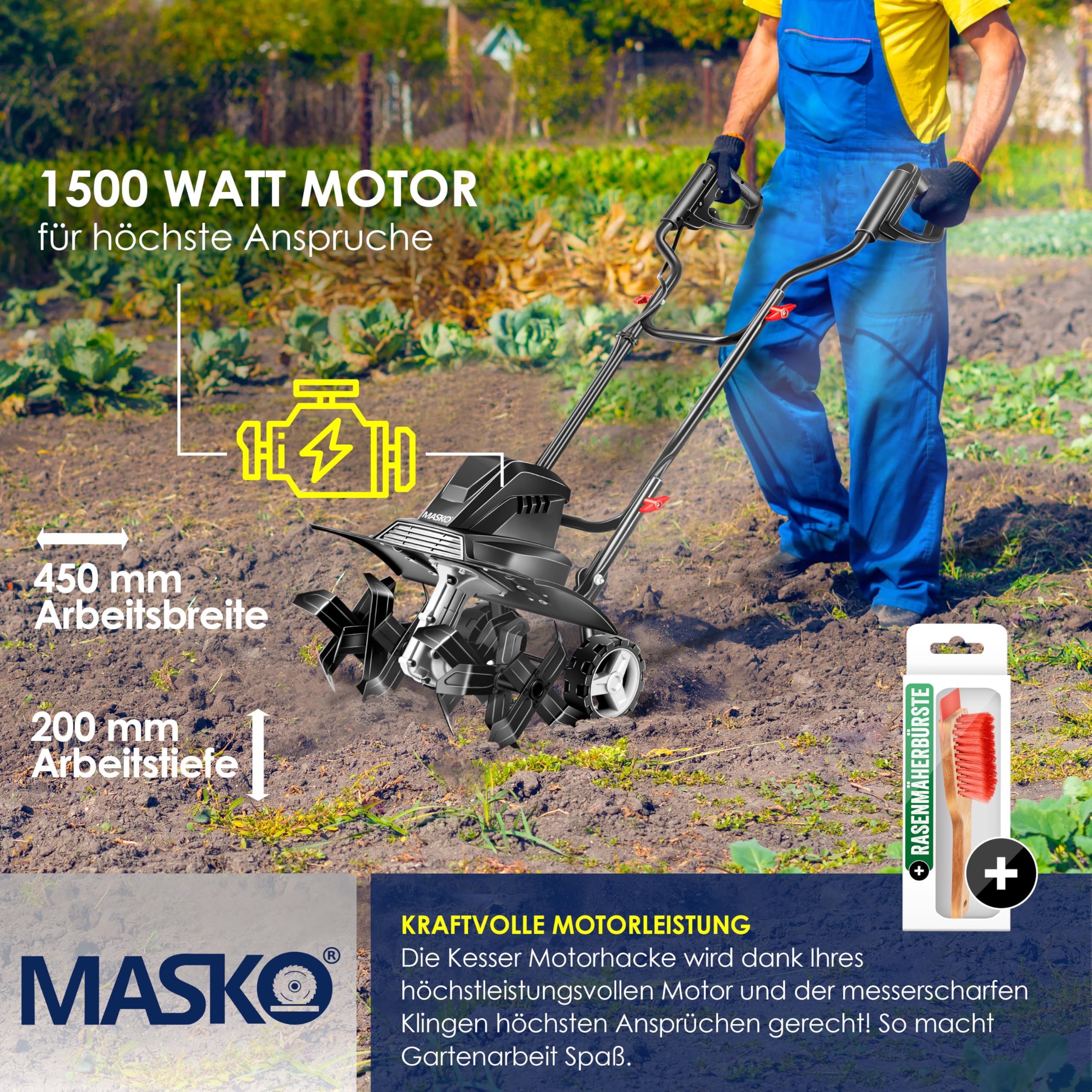 MASKO® Motorhacke elektrisch | Gartenfräse 1500 Watt 45cm Breite 20cm Tiefe | Bodenhacke Ackerfräse Kultivator | Elektro Hacke | klappbarer Handgriff Metallgehäuse | Transporträder & Zubehör | schwarz
