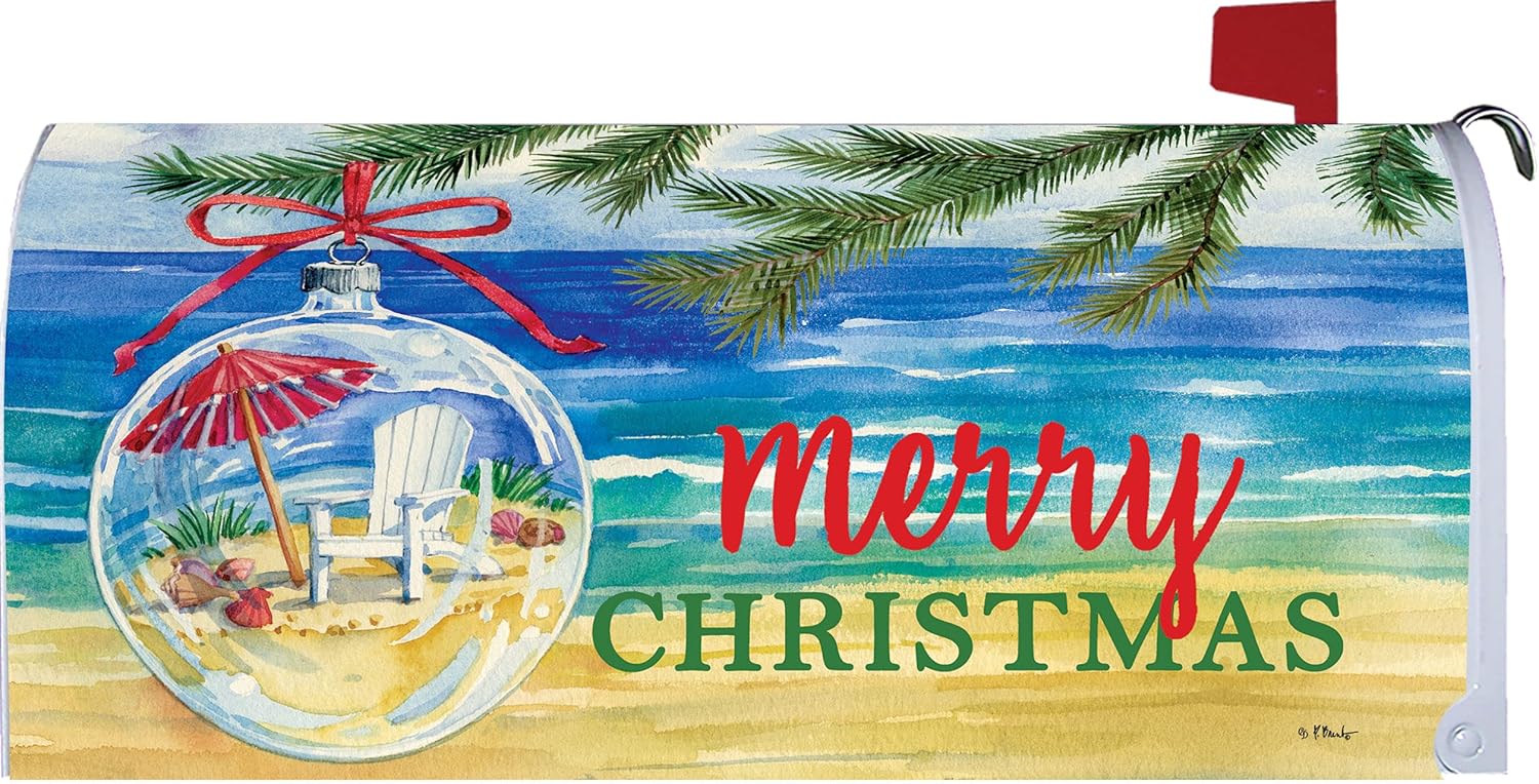 Coastal Ornament Merry Christmas Mailbox Makeover - Vinyl with Magnetic Strips for Steel Standard Rural Mailbox - Made in The USA Copyright, Licensed and Trademarked by Custom Decor Inc.