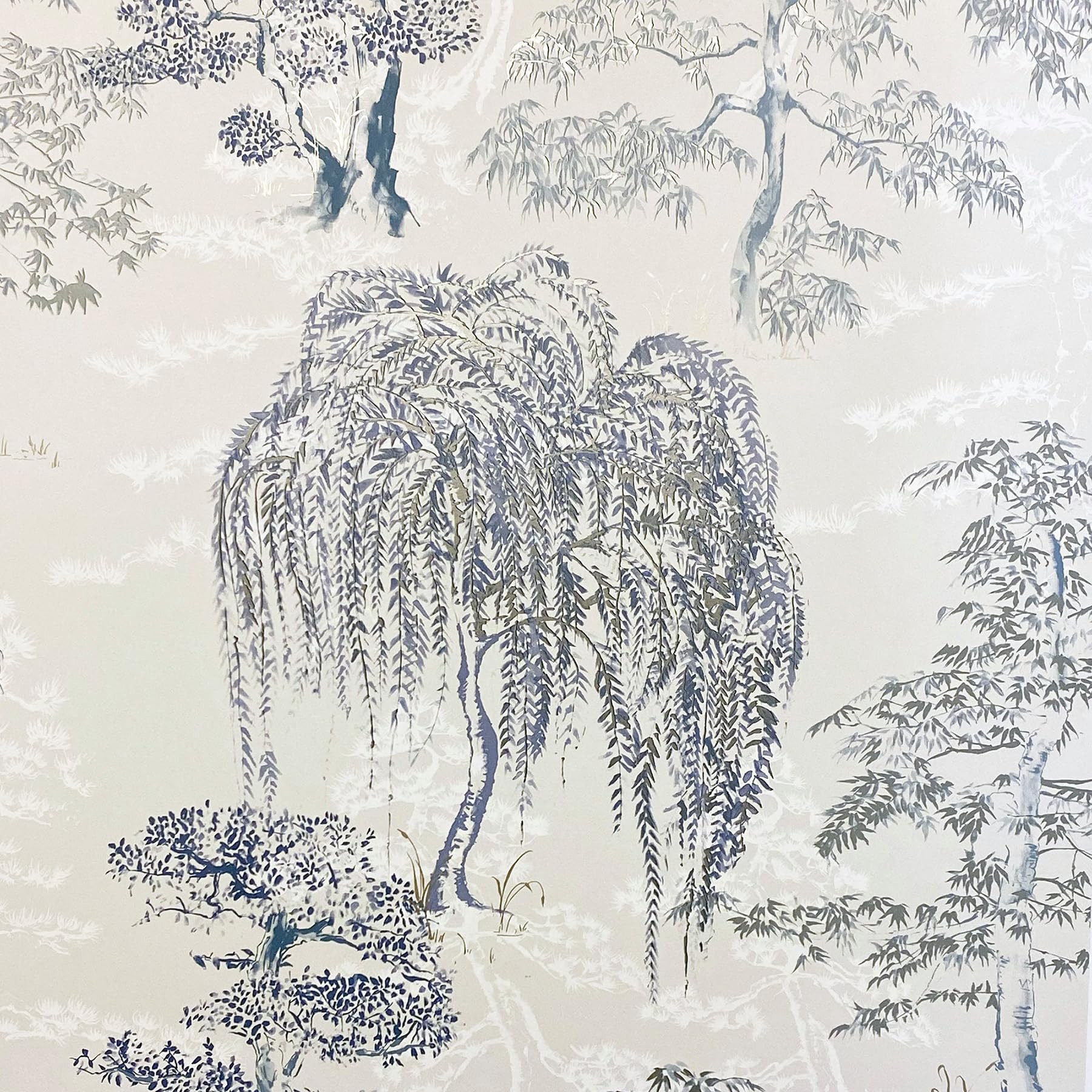 Arthouse Oriental Garden Blue White Wallpaper Metallic Silver Gold Floral Trees 5050192909891