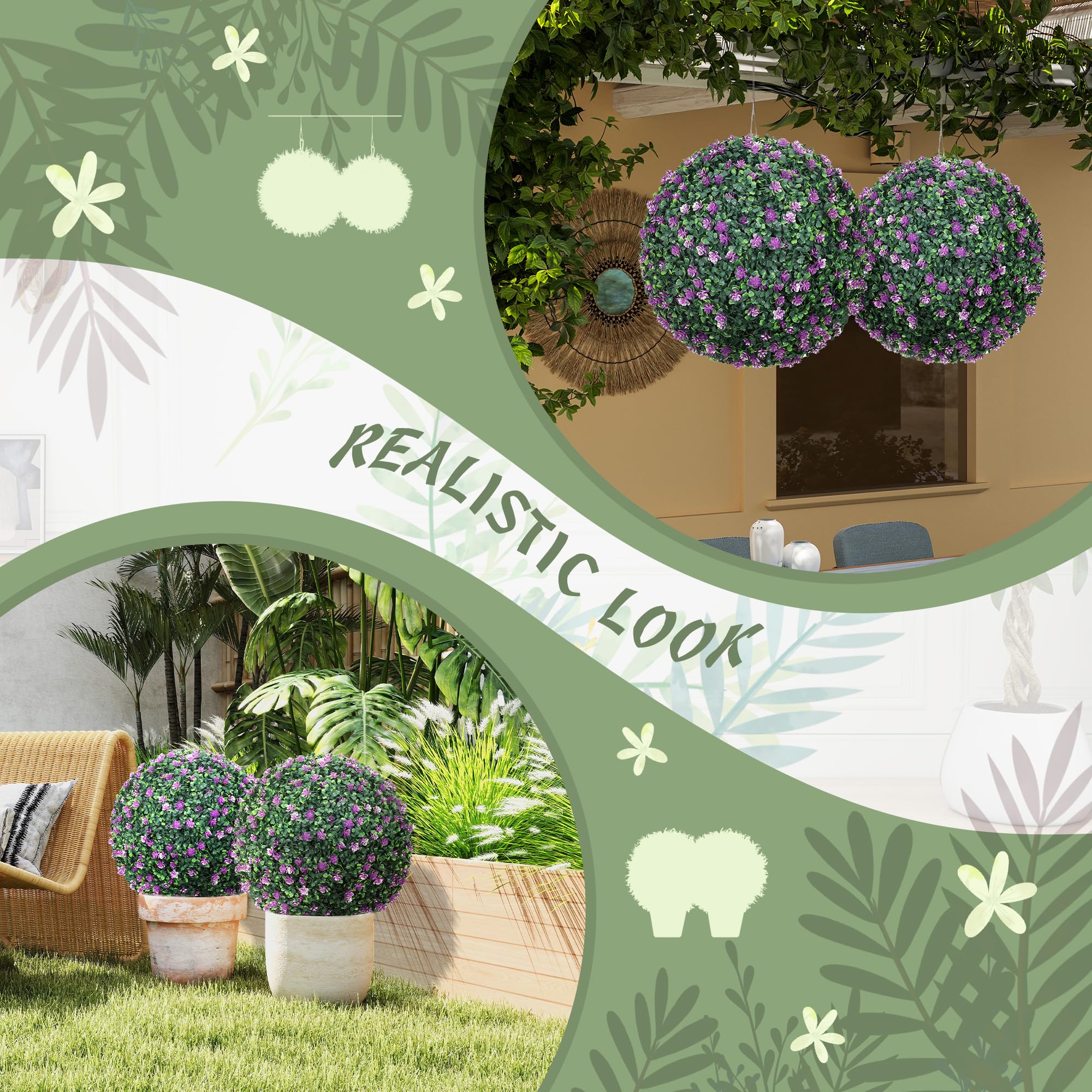HOMCOM Satz von 2 künstlichen Topiary Kugeln mit Kamelie Blumen, 40cm Faux Buchsbaum Kugeln, hängende Dekoration für Zuhause, Indoor, Outdoor, lila