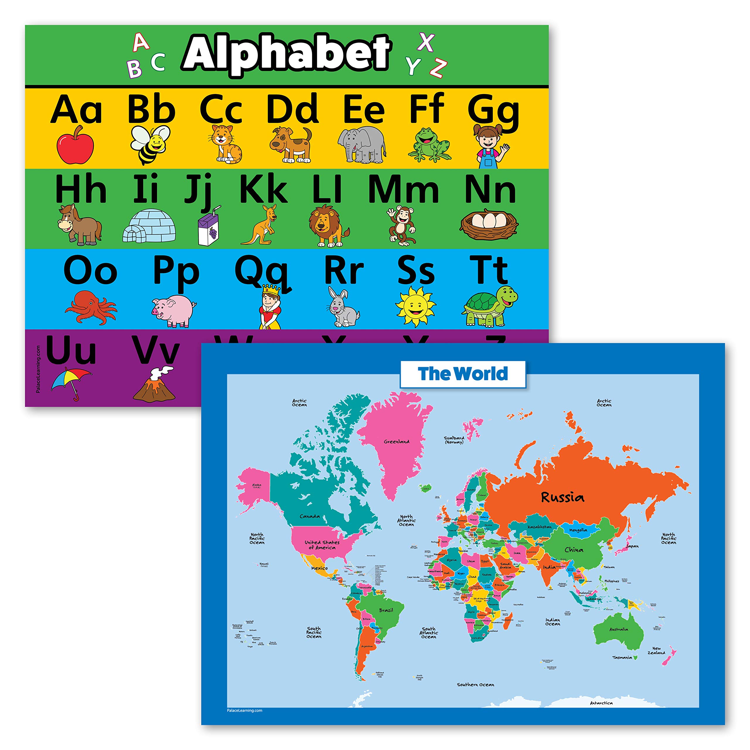 2 Pack - ABC Alphabet & World Map for Kids Poster Set (Laminated, 18" x 24")