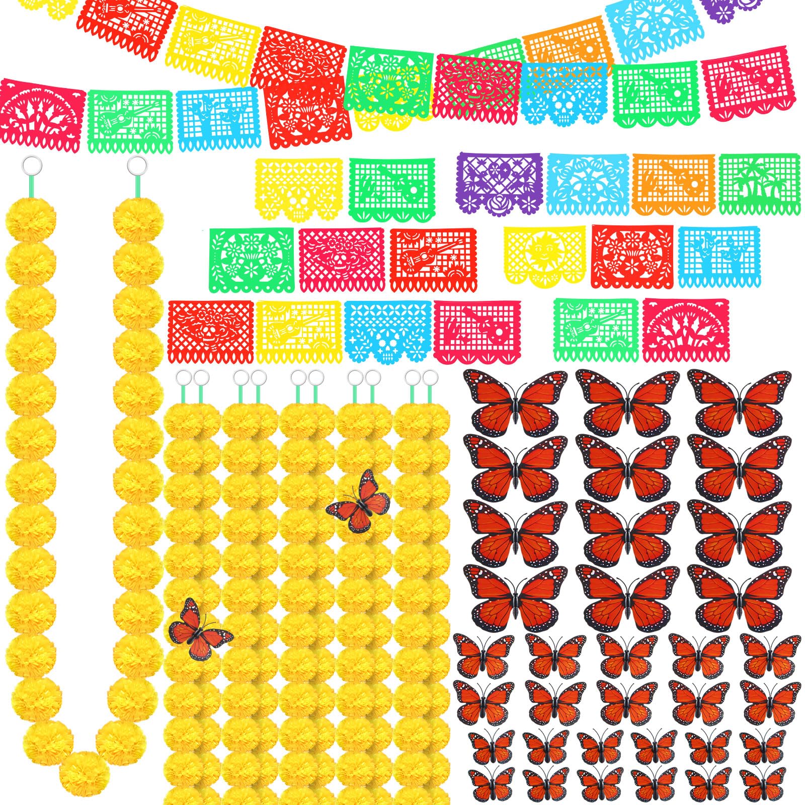 Tigeen 338 Pcs Day of The Dead Decorations Sets 300 Artificial Marigold Flowers 10 Pcs 5ft Artificial Marigold Garland 36 Butterfly 2 Mexican Party Banner for Dia De Los Muertos Diwali Decor (Yellow)