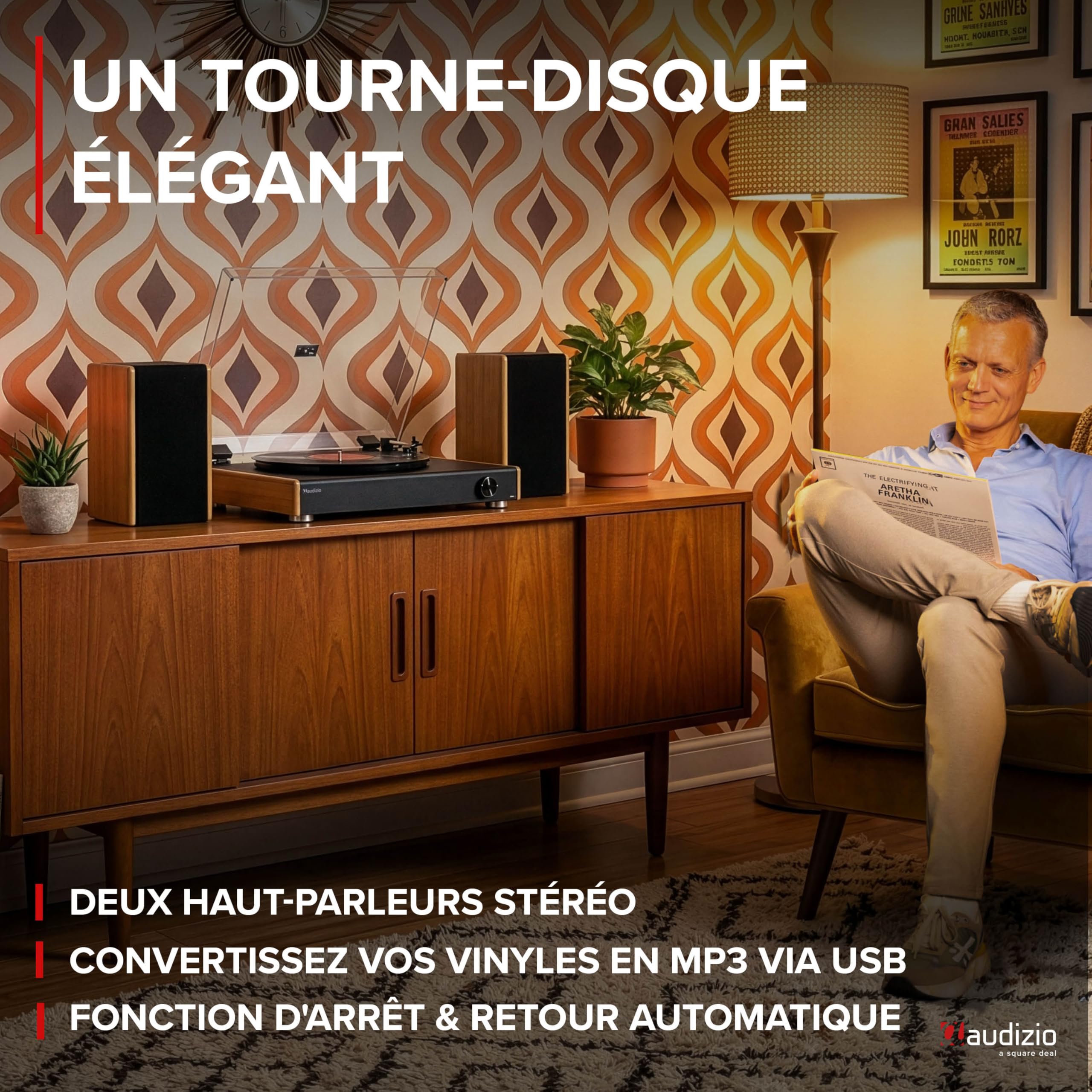 Audizio RP335 Platine Vinyle Bambou BT avec Enceintes 2x40W, Design Élégant, Lecture USB, 3 Vitesses, Fonction Enregistreur, Idéal pour Les Audiophiles et Collectionneurs de Vinyles