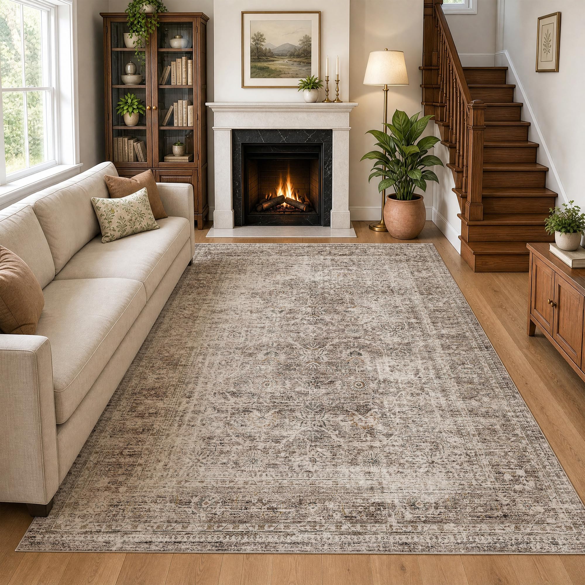 FMFUNCTEX 5x8 Washable Taupe Vintage Distressed Area Rug for Living Room