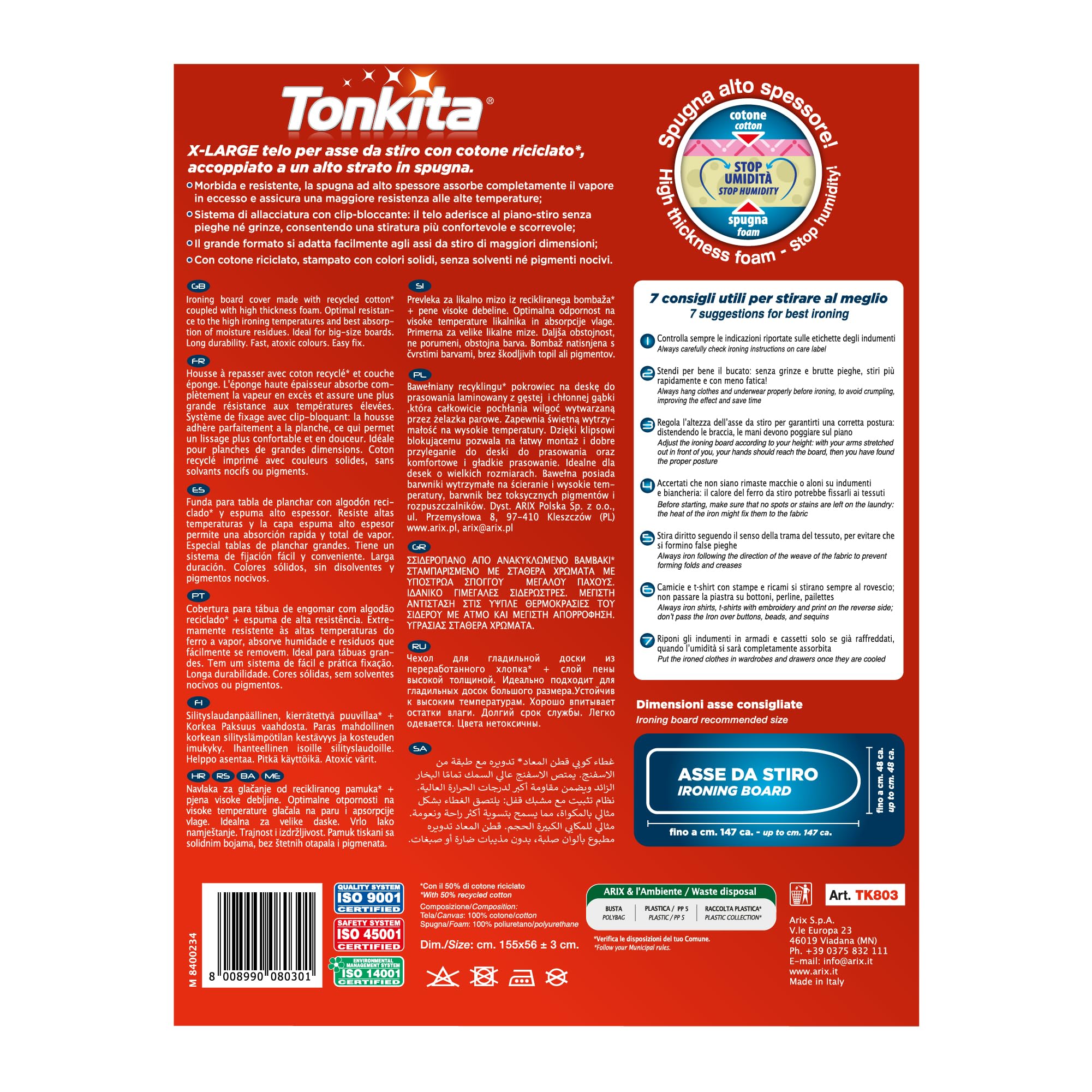 Tonkita | X-Large Lona para Tabla de Planchar de 155 x 56 cm, Funda para Tabla de Planchar de algodón Reciclado y Esponja con Clip para Sujetar la Cuerda, para Tablas de Planchar de hasta 147 x 48 cm