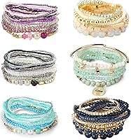 LOYALLOOK 6 Sets Bohemian Stackable Bead Bracelets for Women - Stretch Boho Multilayer Bracelet Set