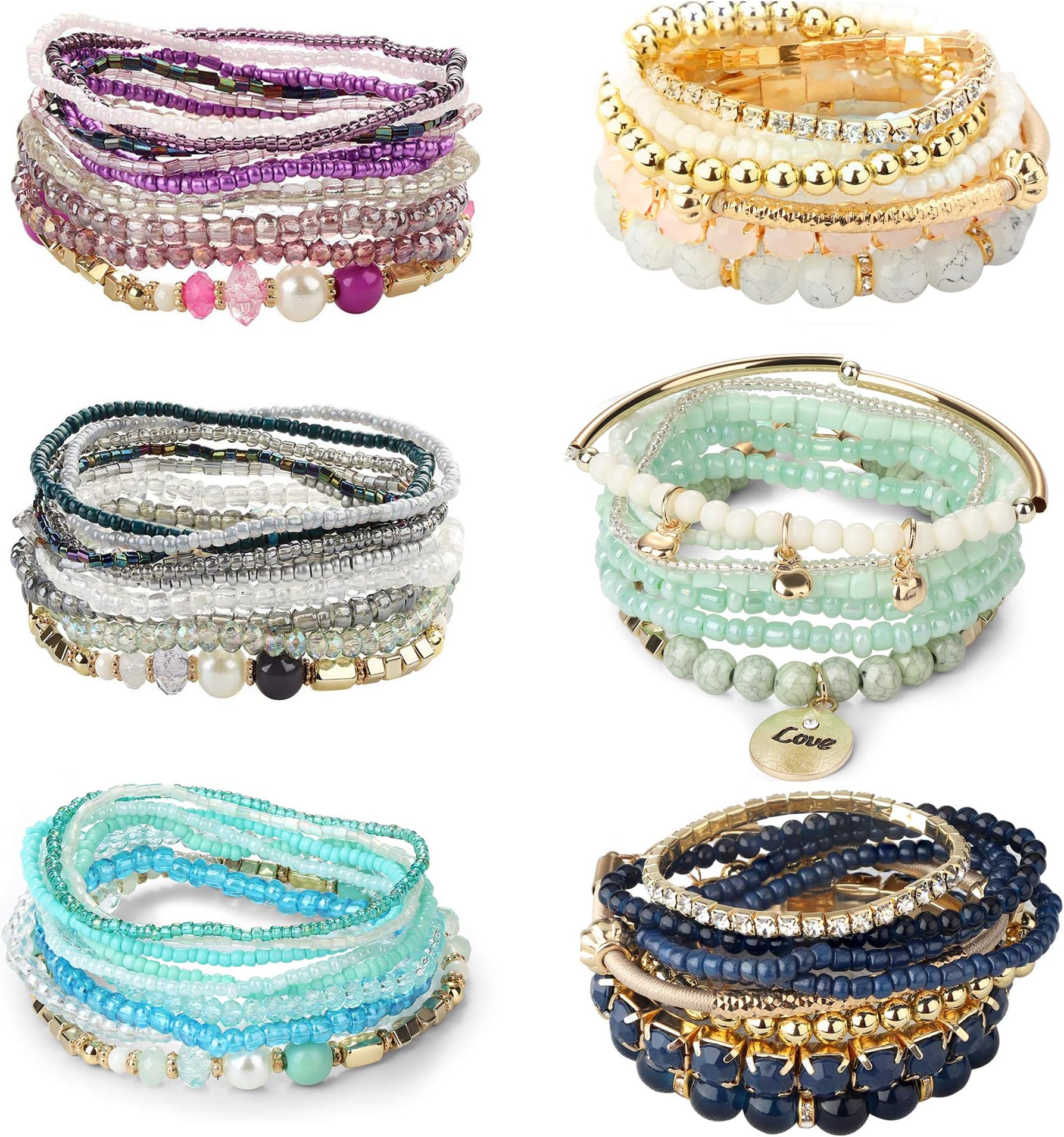 LOYALLOOK 6 Sets Bohemian Stackable Bead Bracelets for Women Stretch Bohemian Style Stretch Multilayered Boho Bracelet Set, 7 9 inch, Crystal