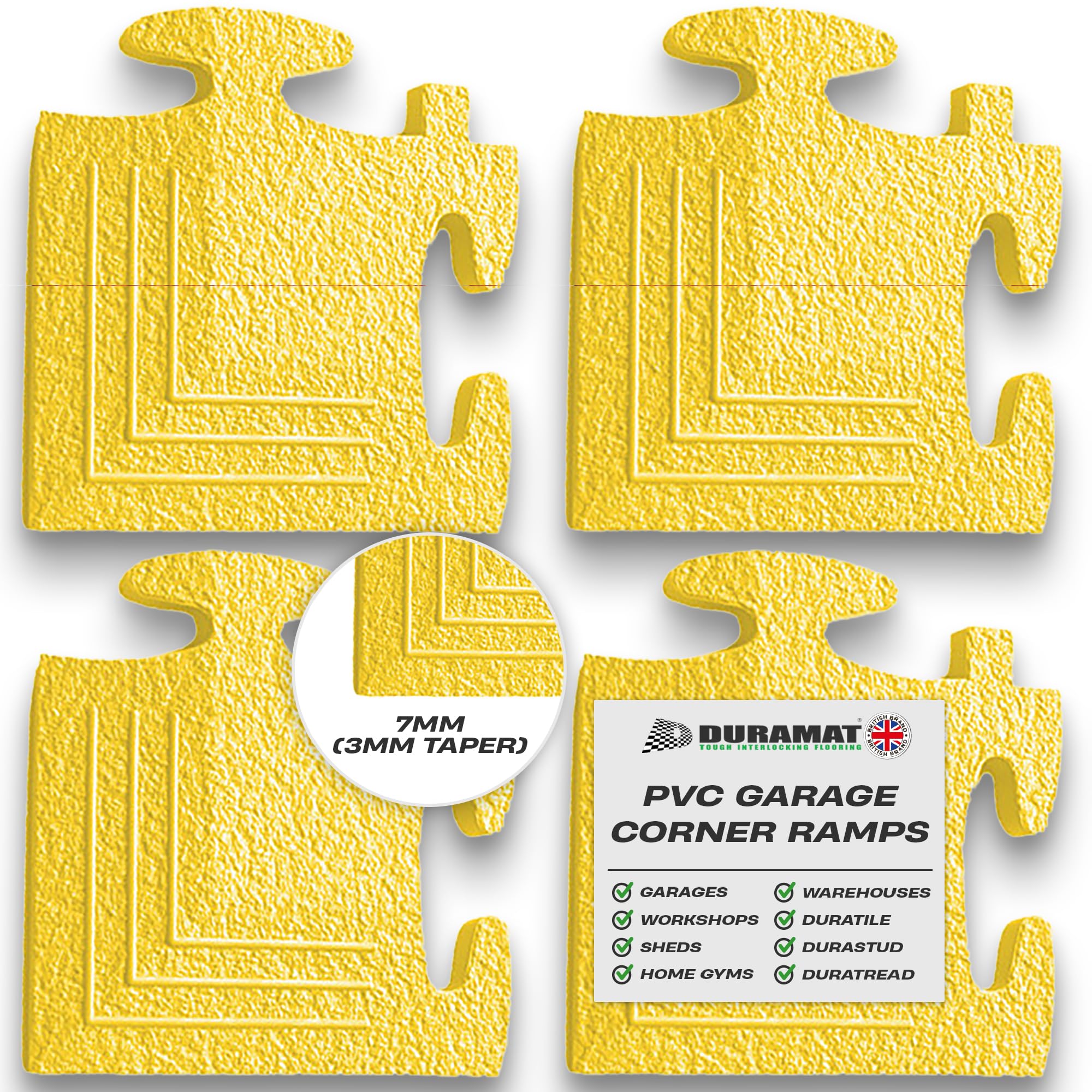 Corner Piece – Yellow Heavy Duty Interlocking Garage Flooring Tile | 500mm x 500mm x 7mm | PVC Floor Tile for Workshop, Home, Showroom & Automotive Use | 50cm Corner Piece - Yellow x4