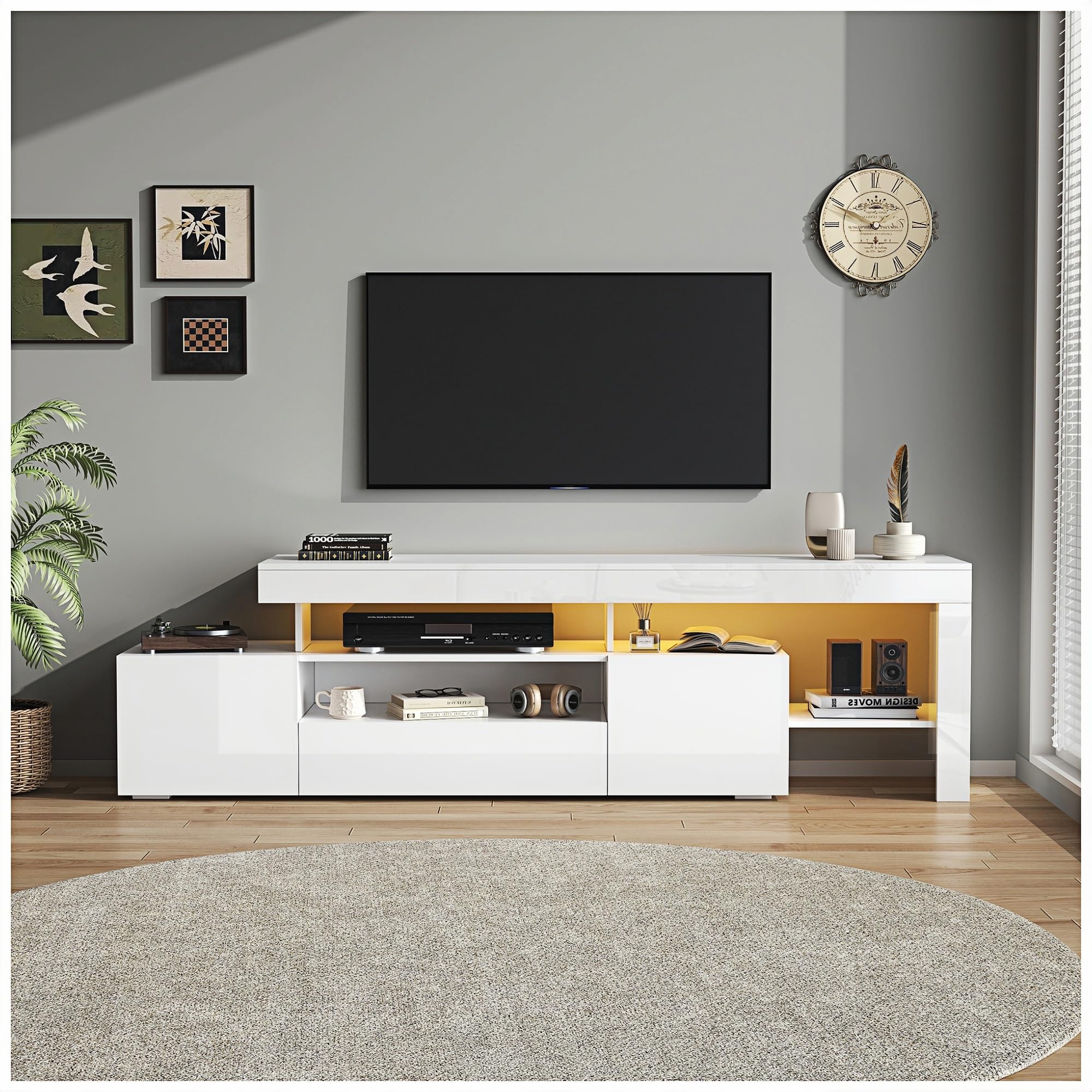 Mueble de TV blanco 192 x 37 x 53 cm, con tres compartimentos, iluminación LED, base y soporte de TV brillantes, estante de TV y mueble, apto para televisores de hasta aproximadamente 85