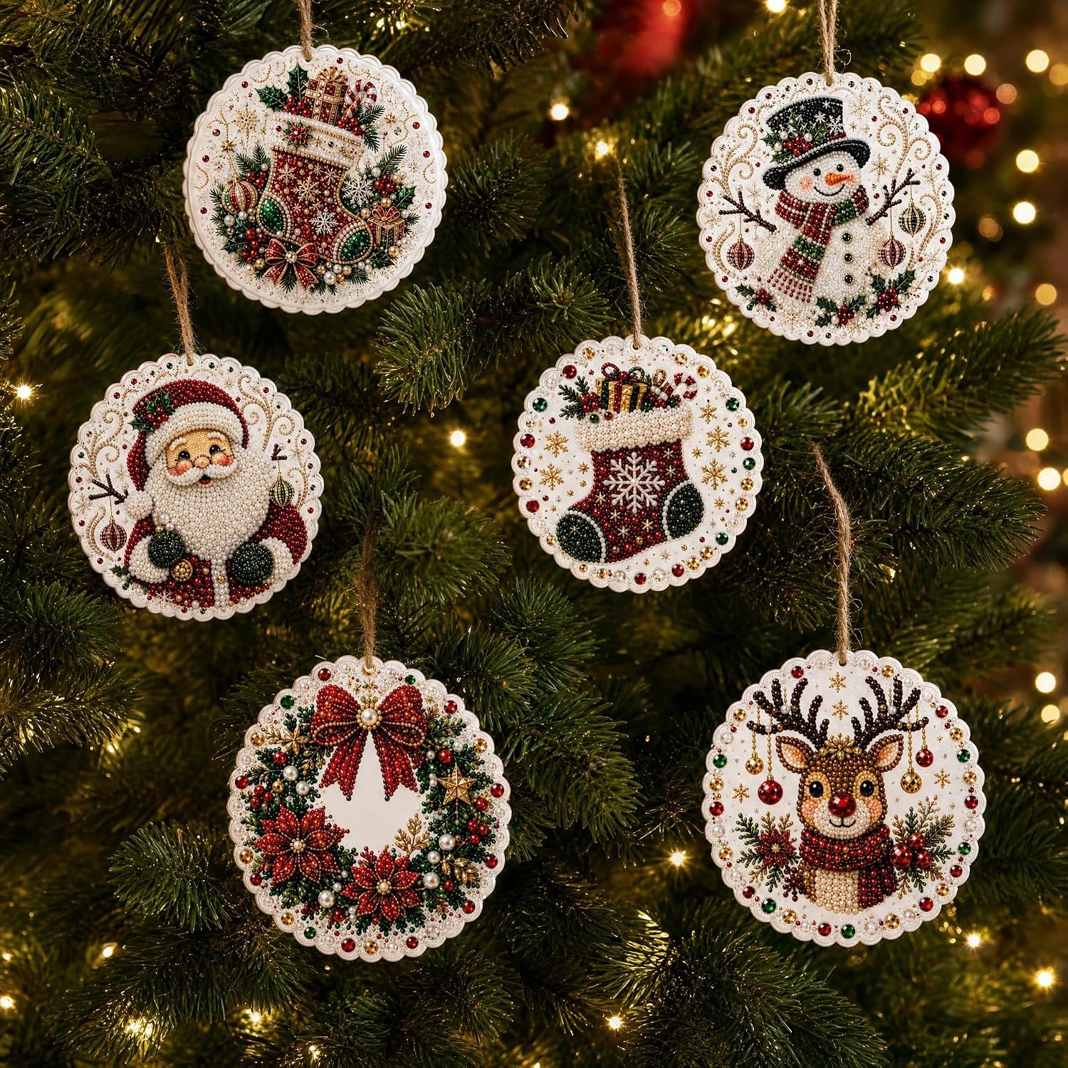BibHoly 6PCS Christmas Wooden Ornaments DIY Pearl Diamond Painting Kit (#J)