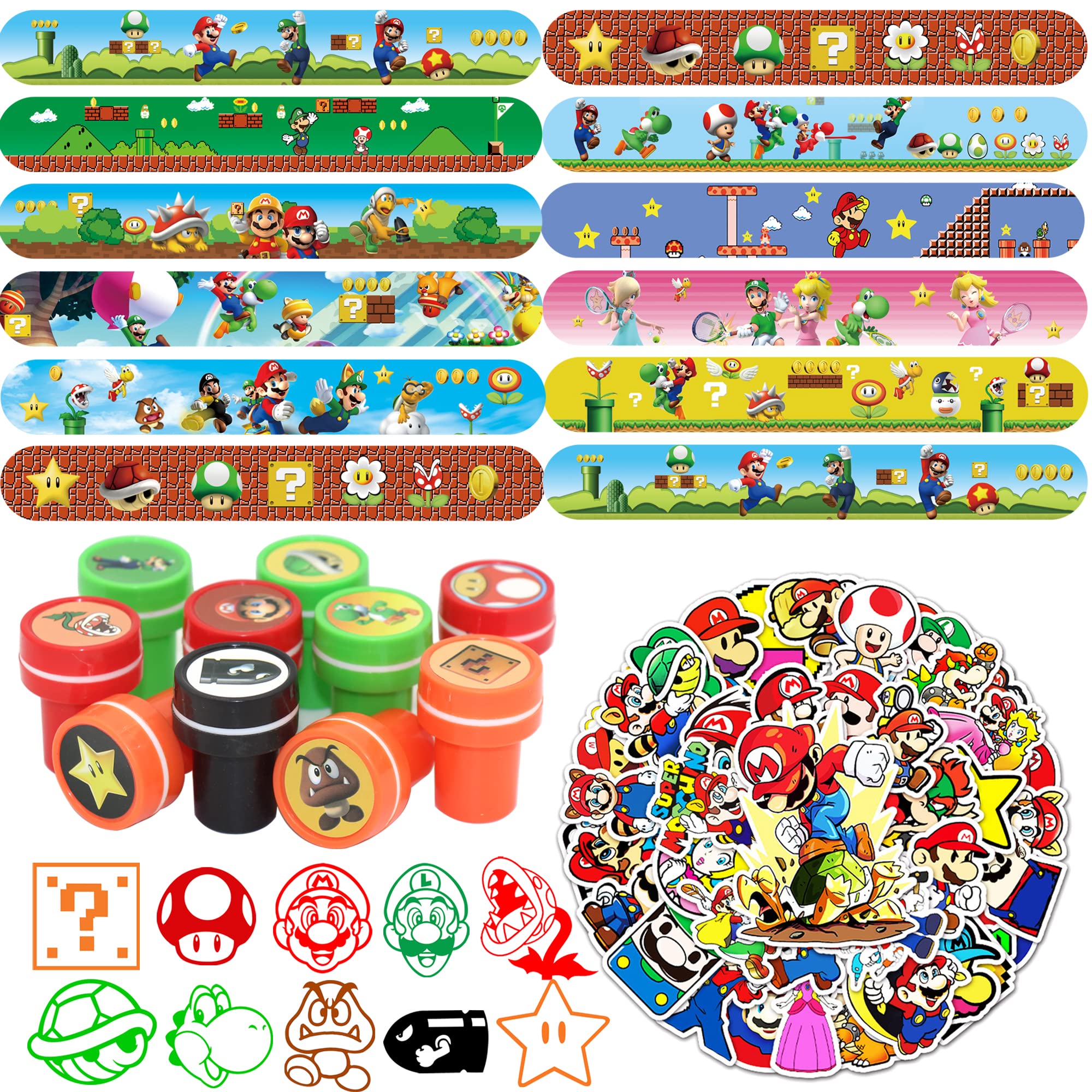 GROSVA 90 Pcs Mario Party Favors Supplies, Include 30Pcs Slap Bracelet, 10Pcs Stampers and 50Pcs Stickers for Valentines Halloween Christmas Themed Party Supplies