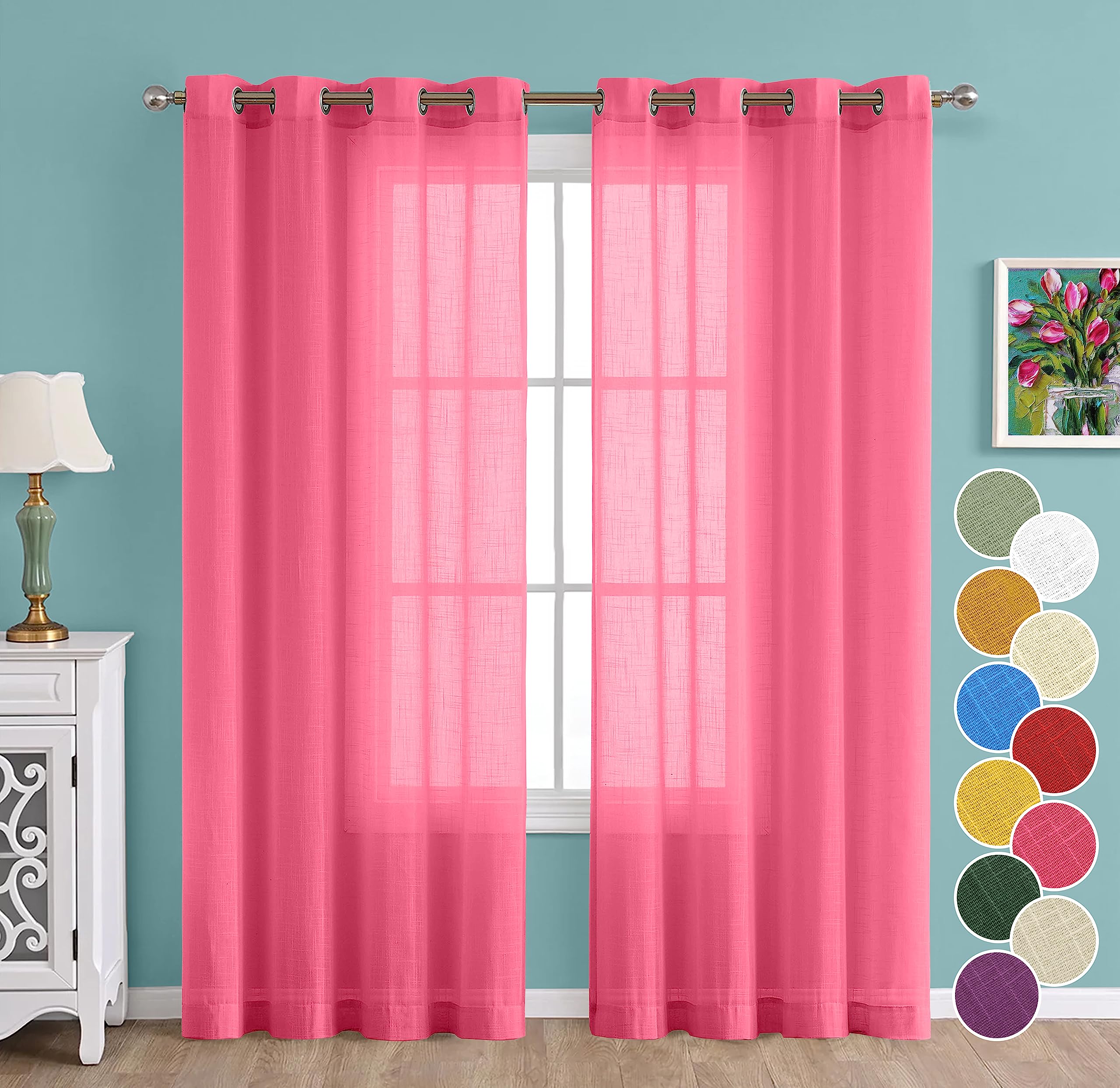 THE LINEN COMPANY Cotton Linen Solid Sheer Curtain Set with Steel Eyelet Rings Window Curtain - 4.5 x 6 Feet (Set of 2 -Pink)