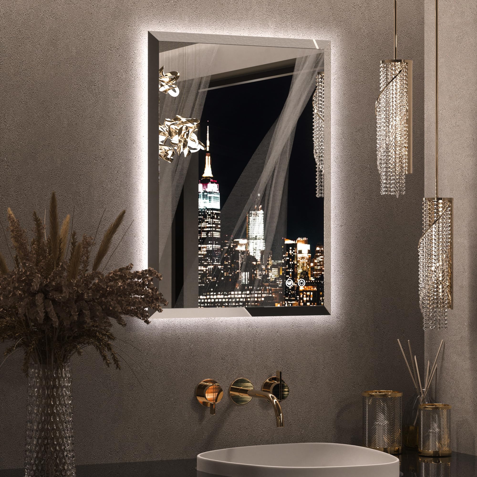 keonjinn 20 x 28 inch backlit mirror bathroom, frameless led mirror for bathroom, beveled edge, hd tempered glass, ul-listed led driver, anti-fog, dimmable, memory function, french cleat installation