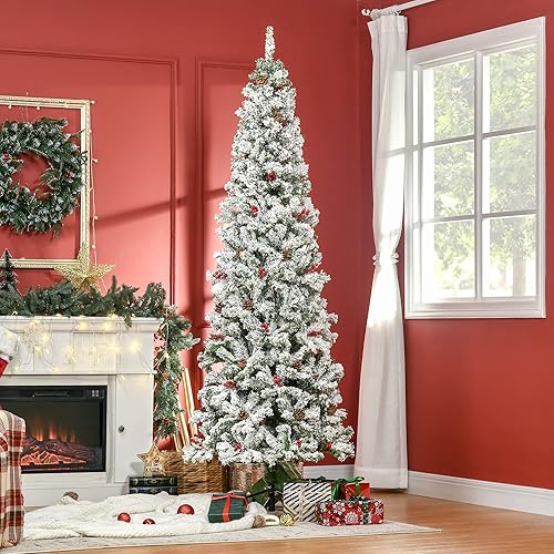 Miniatura 2 de HOMCOM Árbol de Navidad artificial flocado de nieve de 6 pies con 600 ramas realistas de pino, conos de pino, bayas rojas, apertura automática, verde
