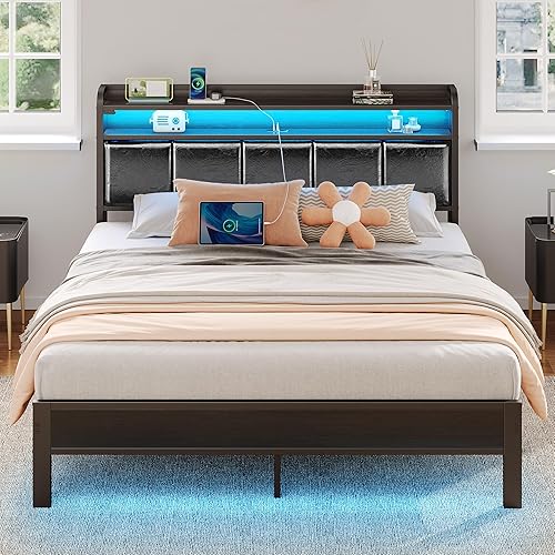 Rolanstar Bed Frame Queen Size with Charging Station and LED Lights, PU Leather Headboard with Storage Shelves, Heavy Duty Metal Slats, No Box Spring Need, Noise Free, Easy Assembly, Black