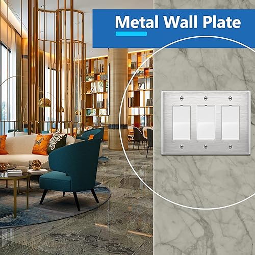 Miniatura 2 de LIDER Placa de pared metálica triple decorativa, resistente a los impactos, cubierta de enchufe de metal o interruptor de luz, acero inoxidable 430,