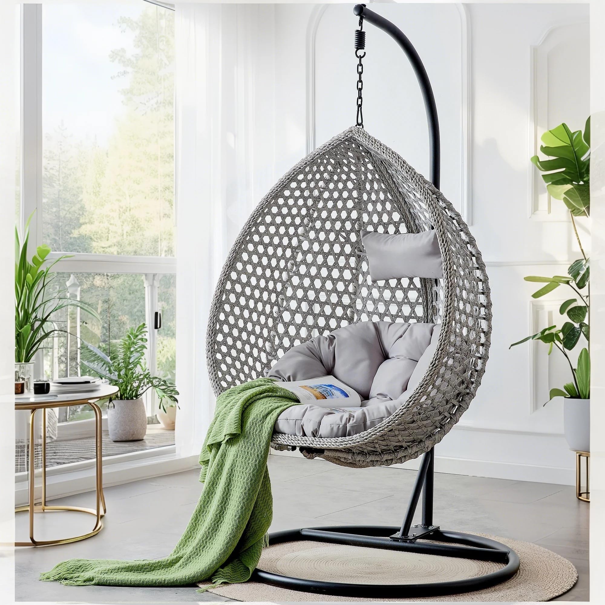 Hanging Egg Chair with Stand, Egg Swing Chair with Stand Indoor Outdoor,Grey Wicker Swing Egg Chair for Adults, Hammock Chair with Comfortable Cushion