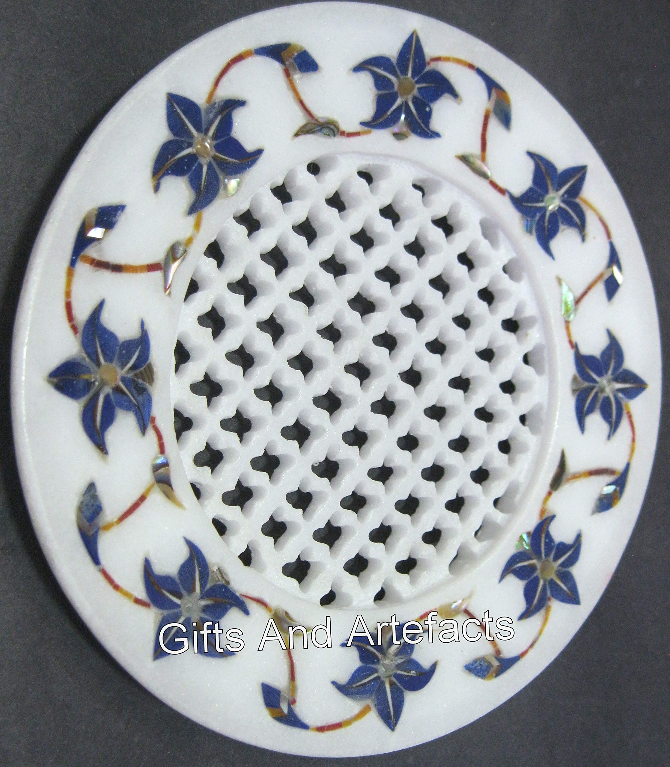 Seifenschale aus weißem Marmor, Lapislazuli-Steineineinlage, Arbeit, Badezimmer, Seifenhalter für Restaurant und Hotel, 12,7 cm