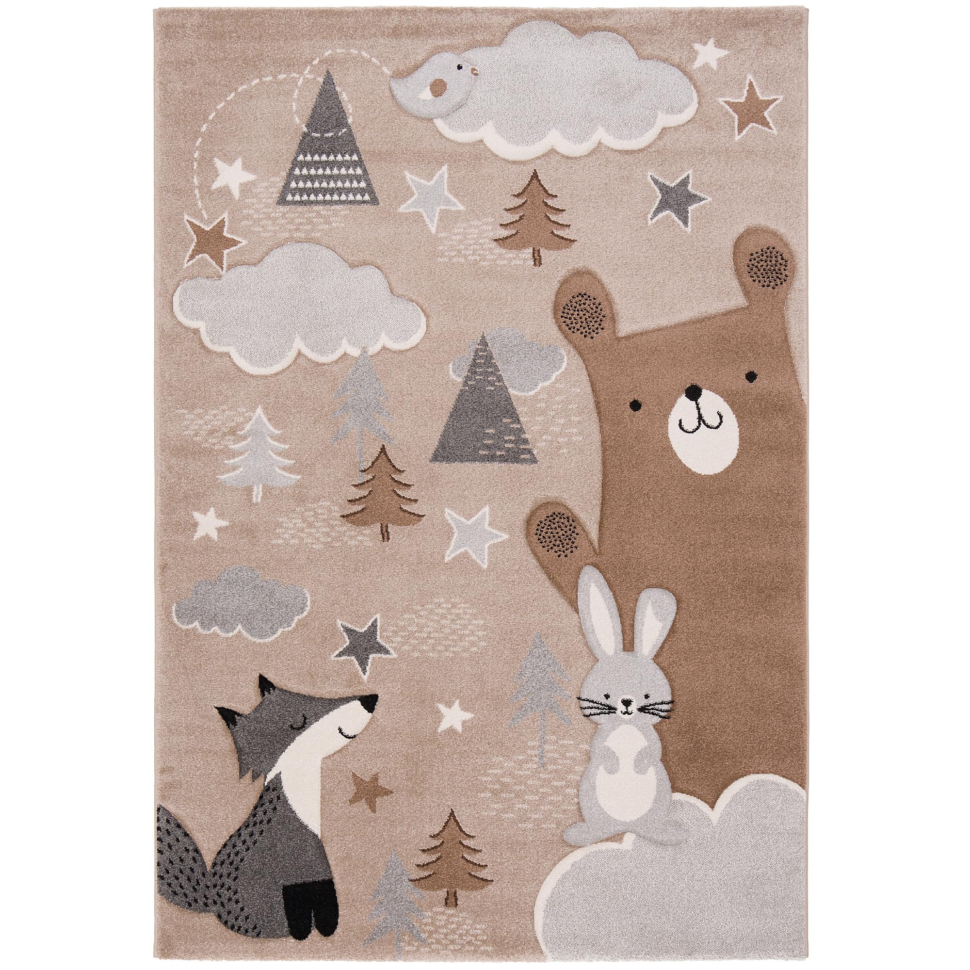 Pergamon Tapis Enfant Grsi Beige Maui Kids Renard et Ours, Tapis à Poils Courts pour Chambre d'enfant, Disponible en 5 Tailles