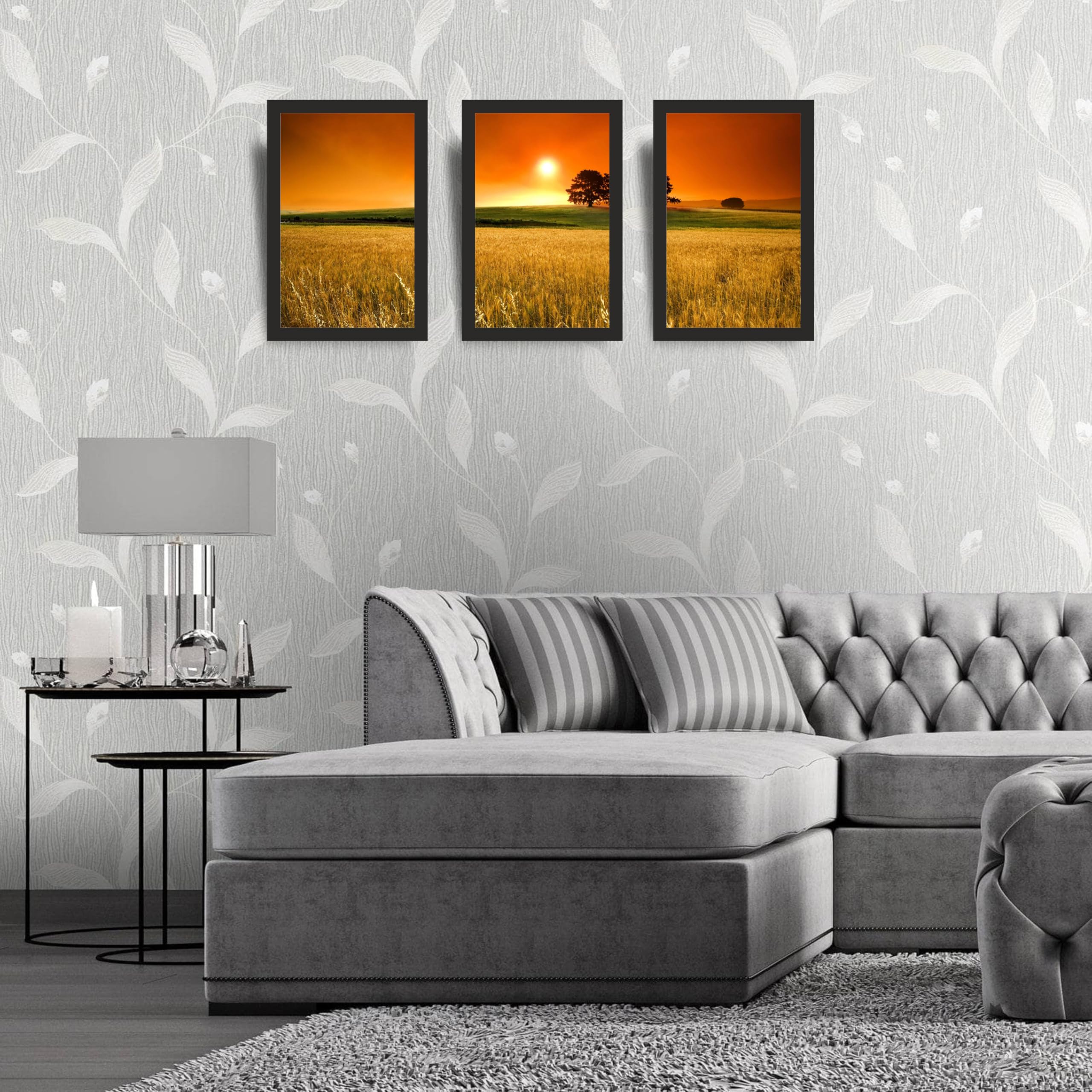 Golden Wheat Field Sunset Wall Art Frame Set of 3