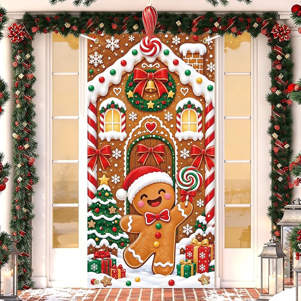 Christmas Door Cover 79 x 35 in Gingerbread Front Door Banner Ginger Bread Christmas Decorations Hanging Backdrop for Xmas Sign Winter Holiday Photography Background Home Office Indoor Outdoor Party — 사진 1
