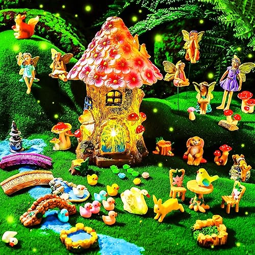 Poen Casa de hadas solar de 8 pulgadas, accesorios de jardín, miniaturas, casa de hadas iluminada, 6-8 figuras de hadas, kit de jardín, animales de