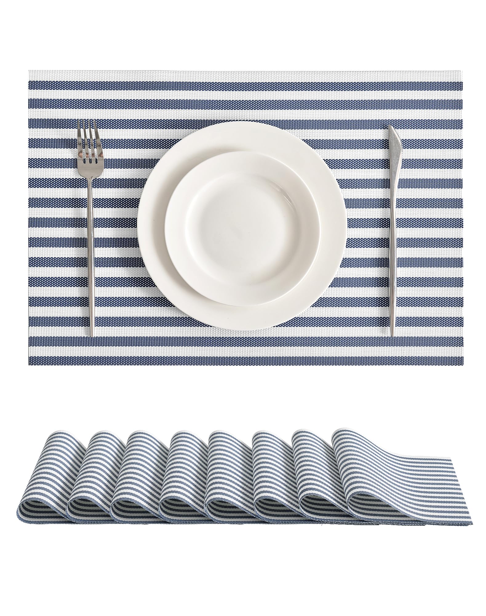 Leetaltree Lot de 8 sets de table en vinyle tissé à rayures bleues et | Sets de table faciles à nettoyer, imperméables, résistants à la chaleur, faciles à nettoyer, adaptés pour une utilisation en
