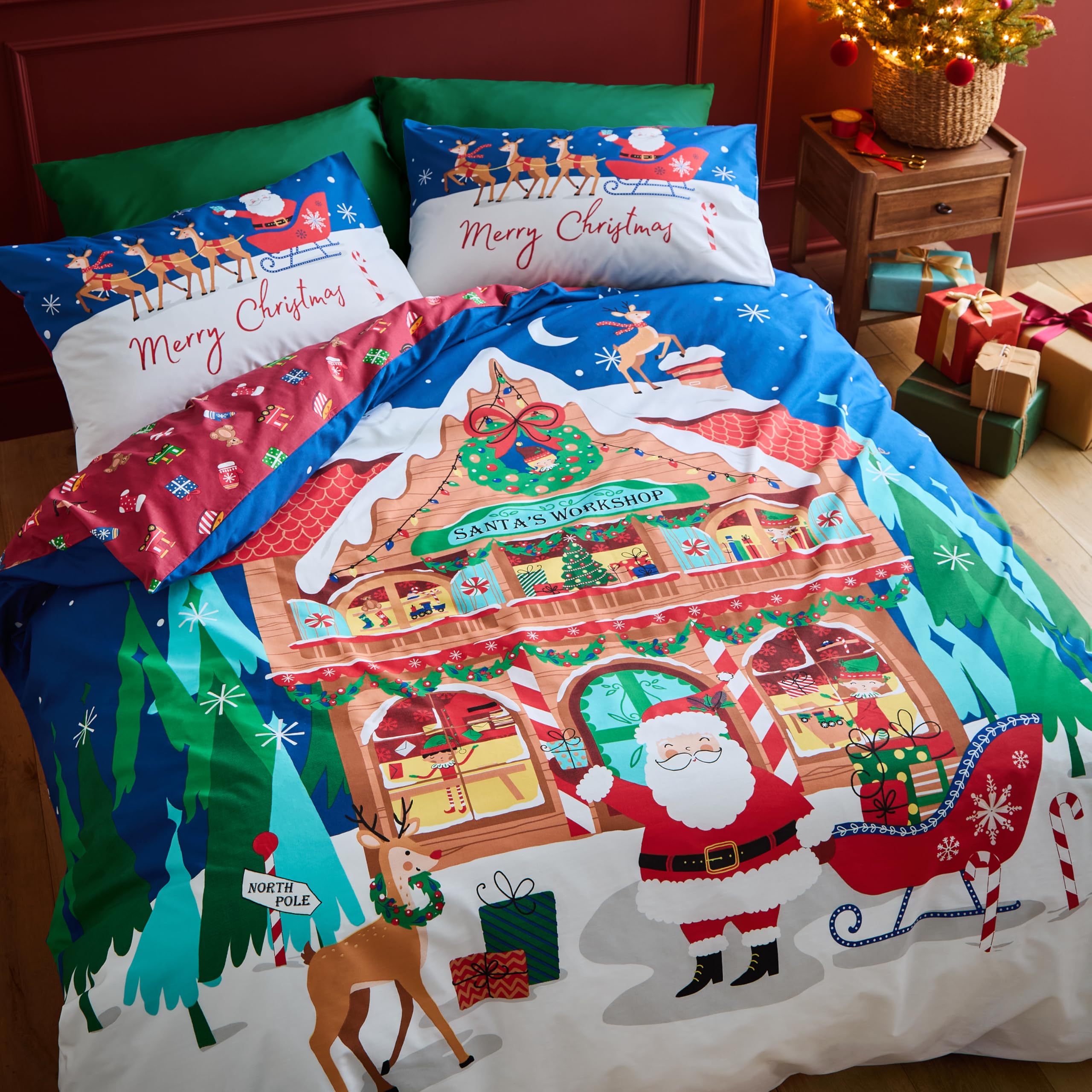 Catherine Lansfield Christmas Santa's Workshop Reversible King Duvet Cover Set With Pillowcases Navy Blue