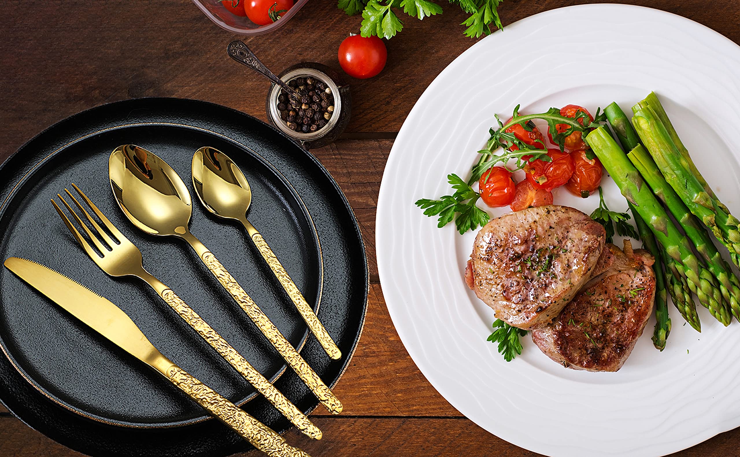 Besteck Set, Besteckset 12 Personen Besteck Gold Griff aus Stein Luxus-Besteck-Sets Edelstahl Spiegelpoliertes Elegantes Tafelbesteck für Home/Wichtige Abendessen (12 Satz mit 48 Stück)