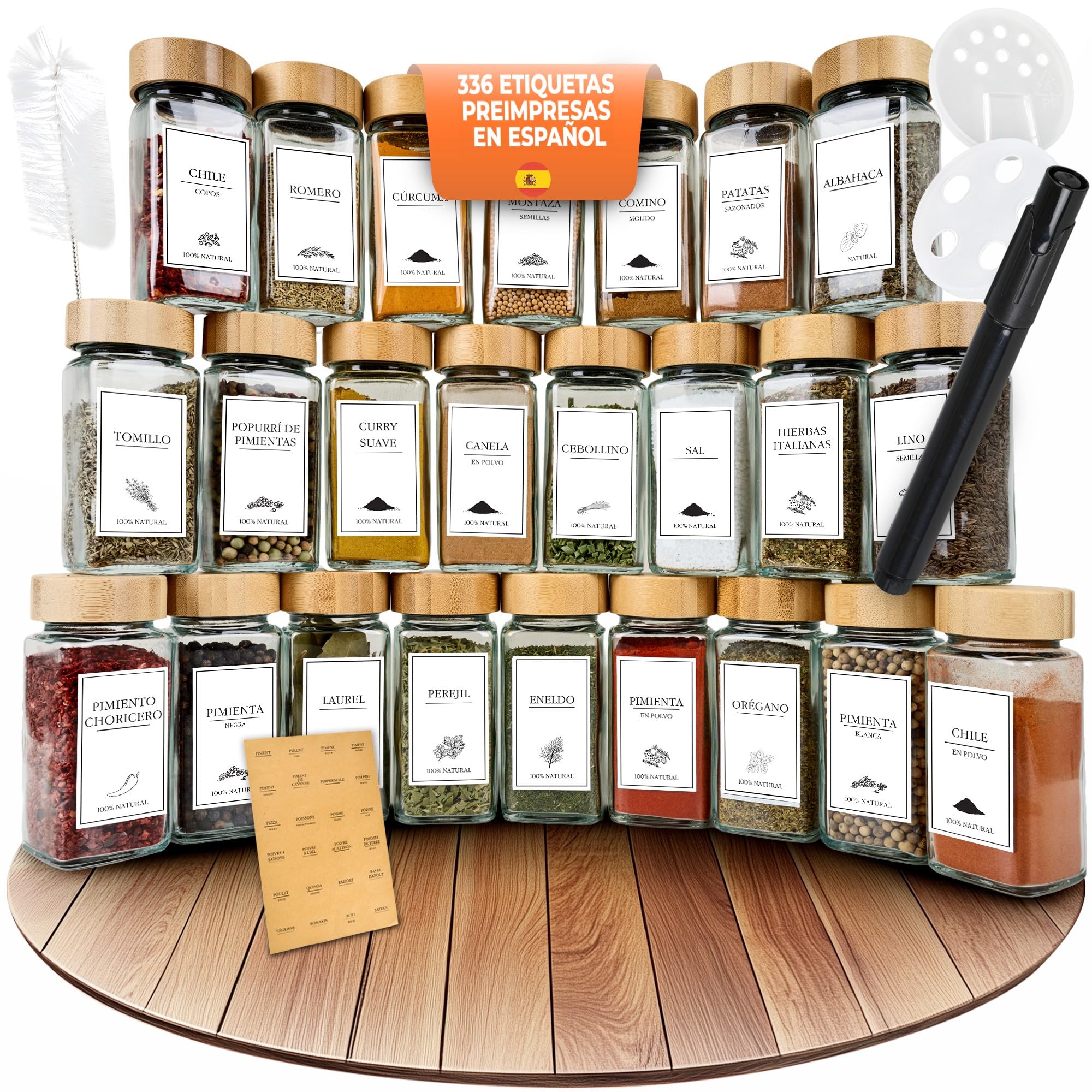 comforder – Botes Especias Cristal – Incluye 336 Etiquetas en Español y Molino – 24 Tarros de 120ml (Bambú)