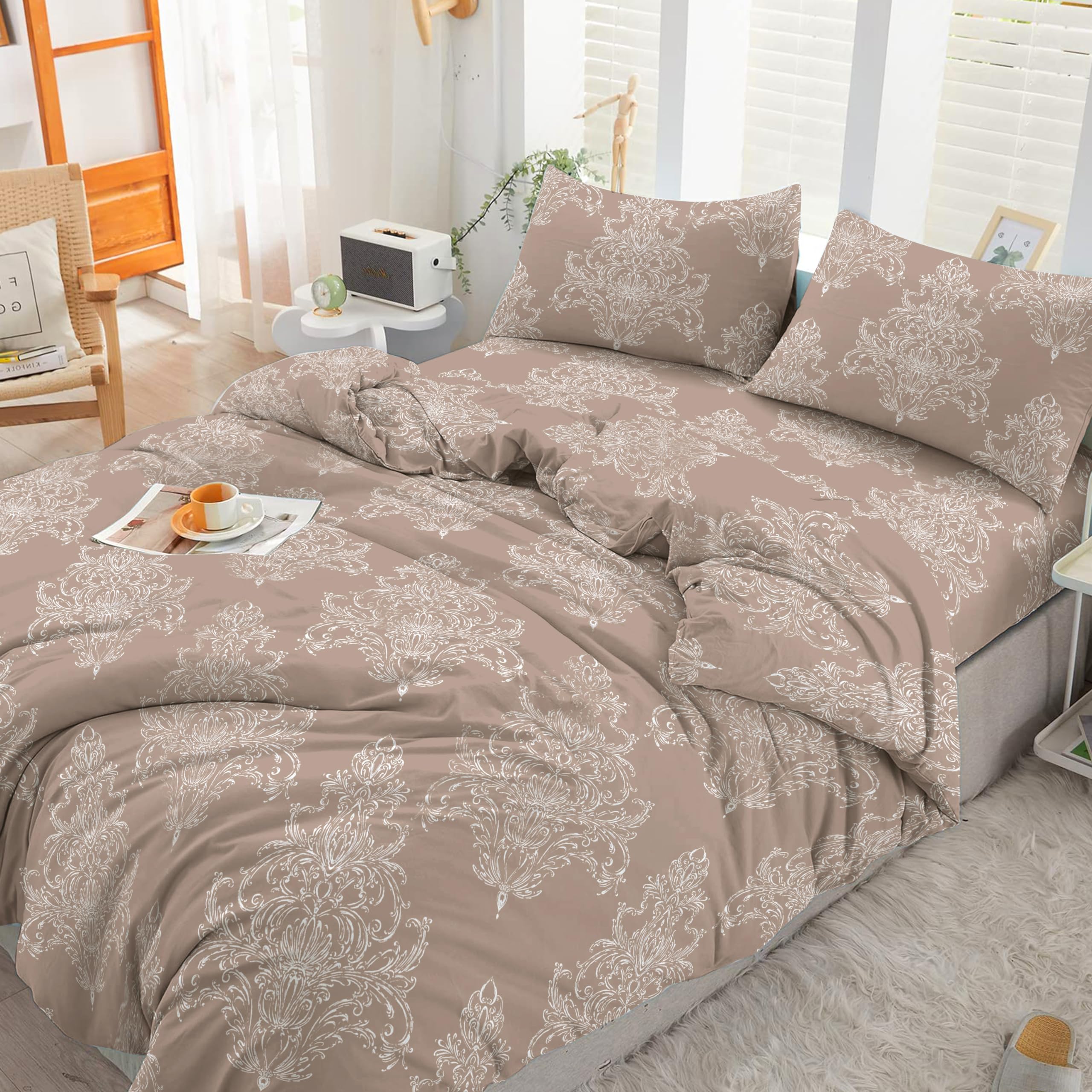 Cotton Comfort Bedding& Linen 3PCS Double Duvet Cover Set 100% Egyptian Cotton Bedding Double Bed Set 400 Thread Count Floral Printed Beige Bliss Duvet Cover Double with Pillow Cases 2 Pack