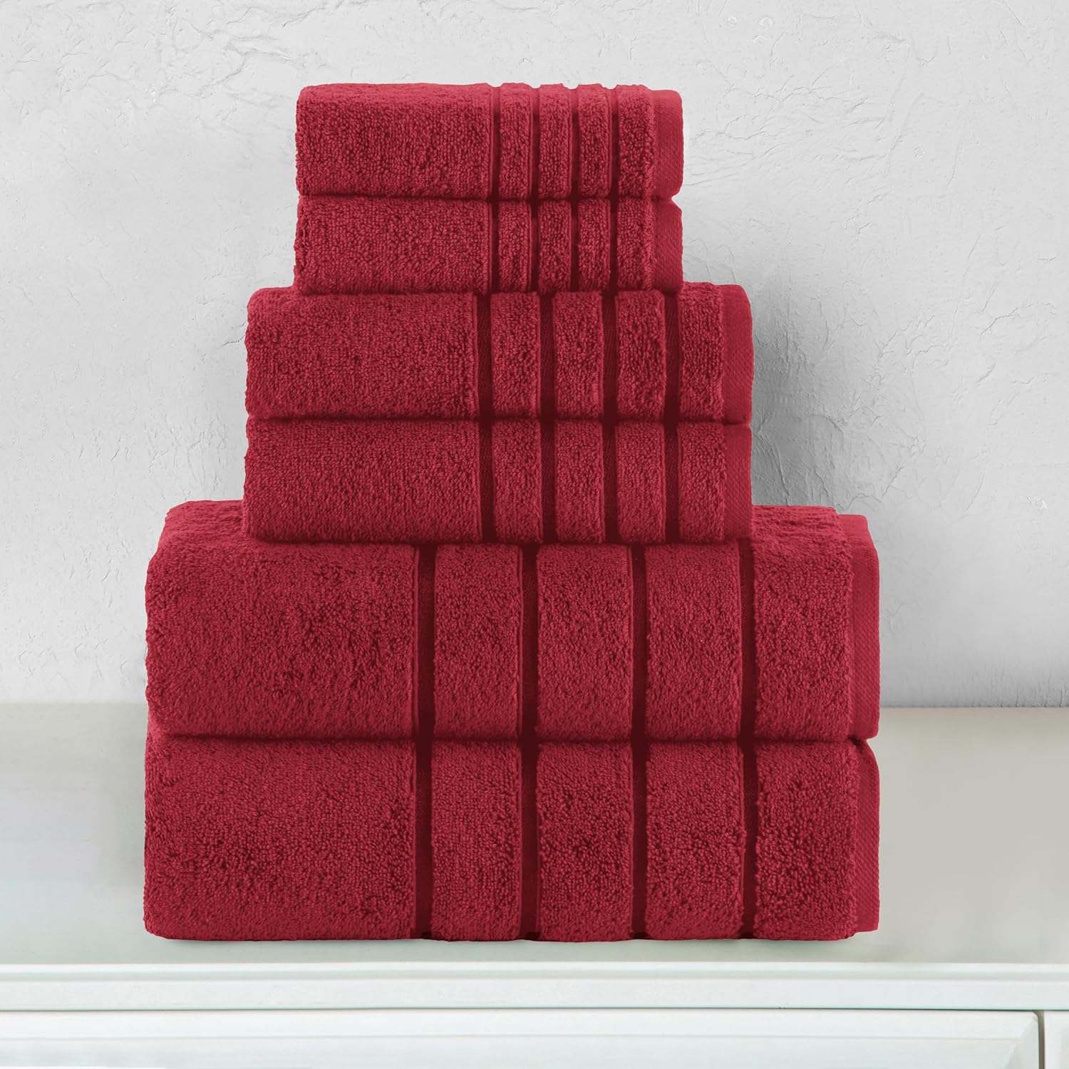 Elegant Comfort 4 Lines Viscose Stripe 6-Piece Premium Towel Set - 100% Turkish Cotton High Absorbent Luxury Bathroom Towels – Includes 2 Washcloths, 2 Hand Towels and 2 Bath Towels Set, Burgundy