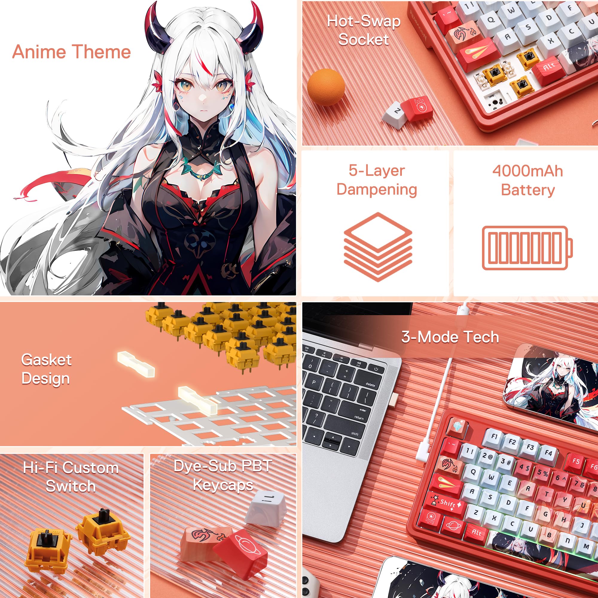 Redragon K673 Pro SE Teclado Gasket RGB 75% 81 Teclas 3 Modos Anime | US Layout Teclado Mecánico Hot Swap 5 Capas Amortiguación Ruido Diseño Anime Iluminación RGB